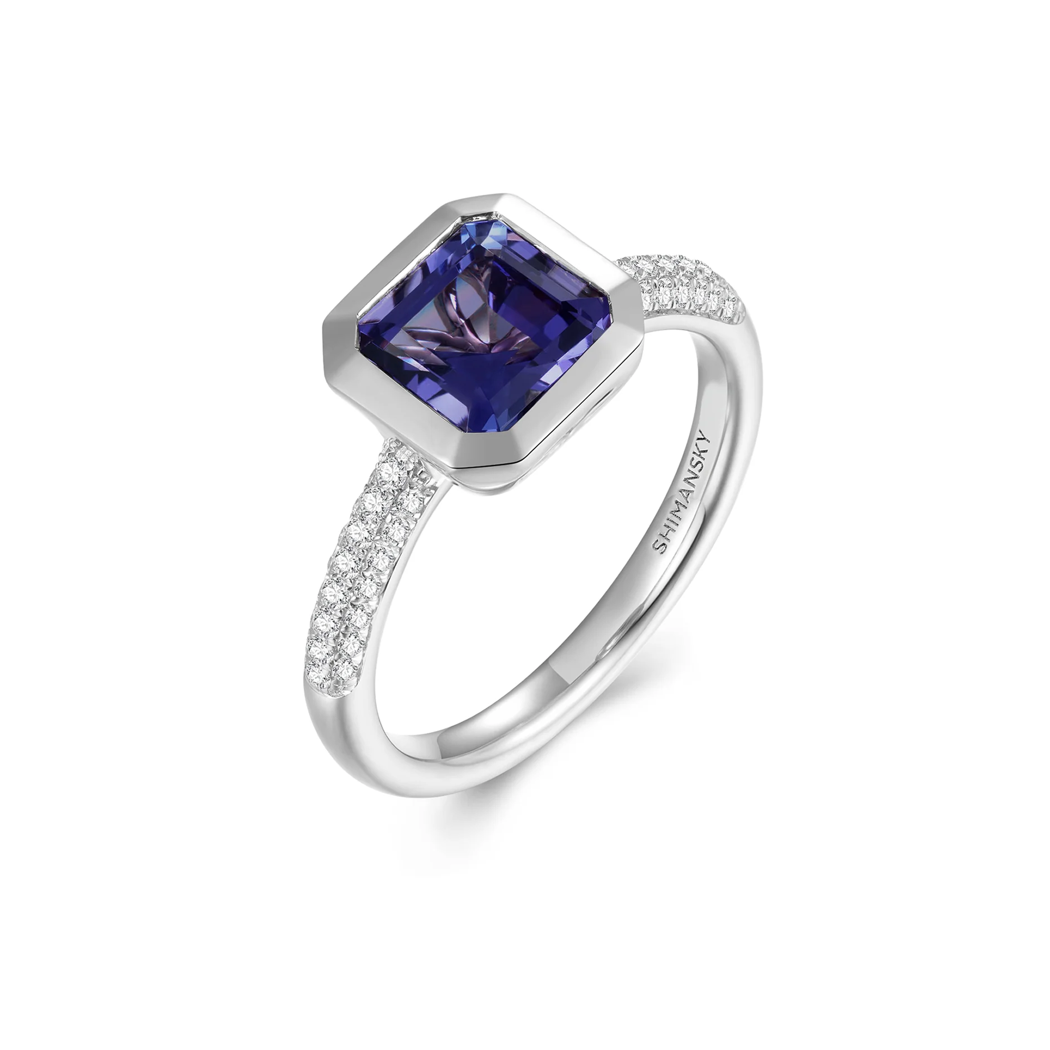 Shimansky 1.9ct Square Emerald Tanzanite Bezel set Ring 14K White Gold 3D View #Metal_White Gold #card-first