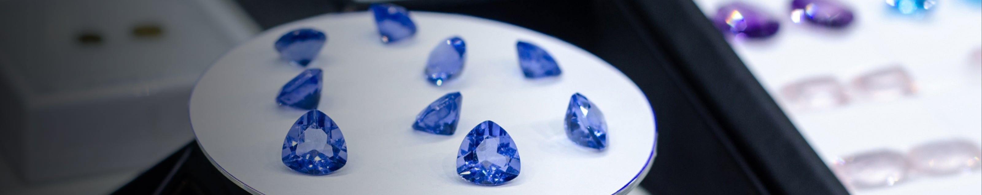A stunning arrangement of blue and white diamonds alongside exquisite tanzanite stones on an elegant white plate.