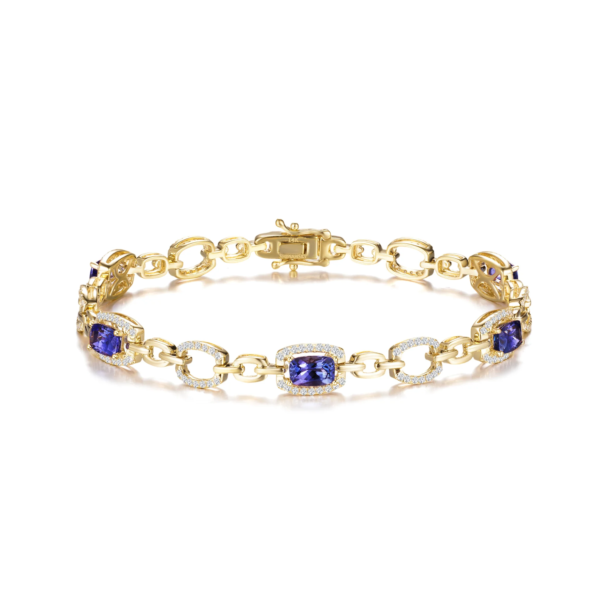 Shimansky 2.8 TCW Tanzanite Cushion Halo Dress Bracelet 14K White Gold Front View #Metal_Yellow Gold