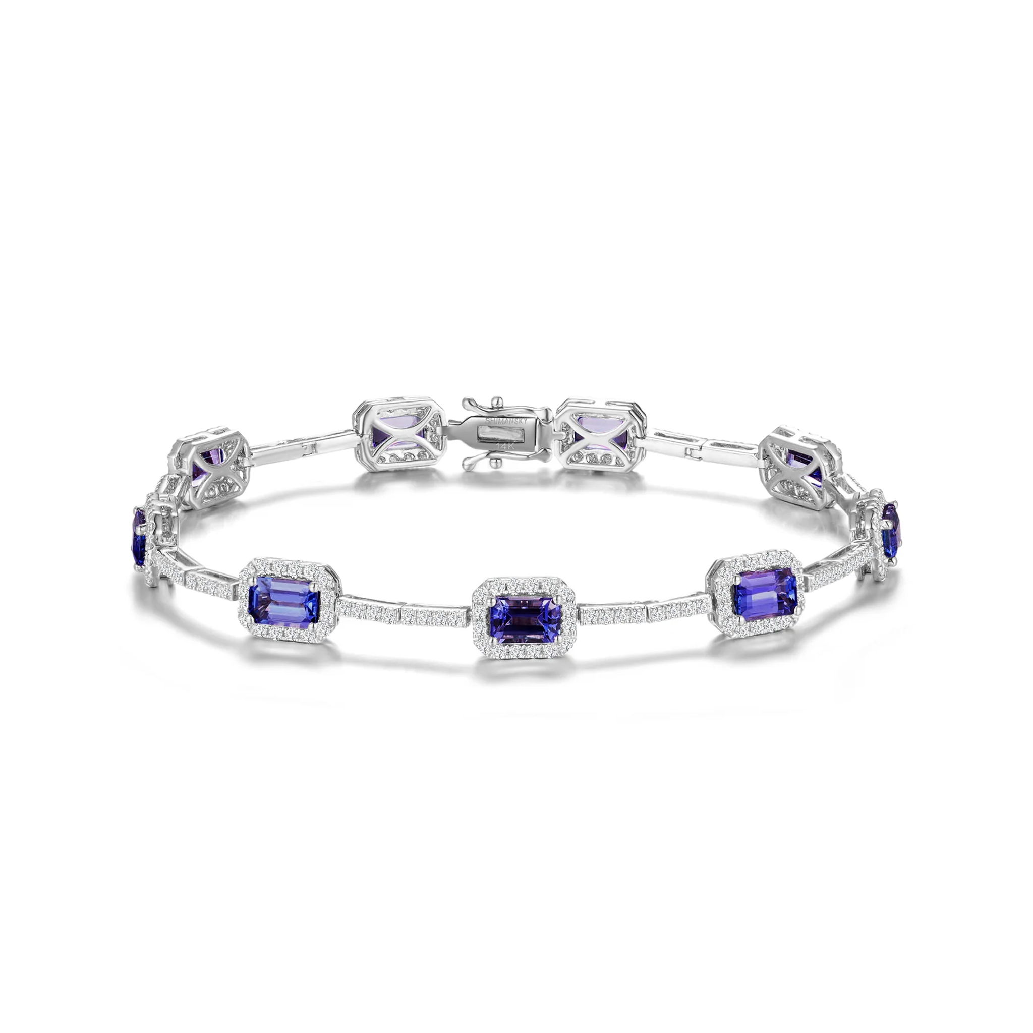 Shimansky 5.4 TCW Tanzanite Emerald Halo Dress Bracelet 14K White Gold Front view #Metal_White Gold