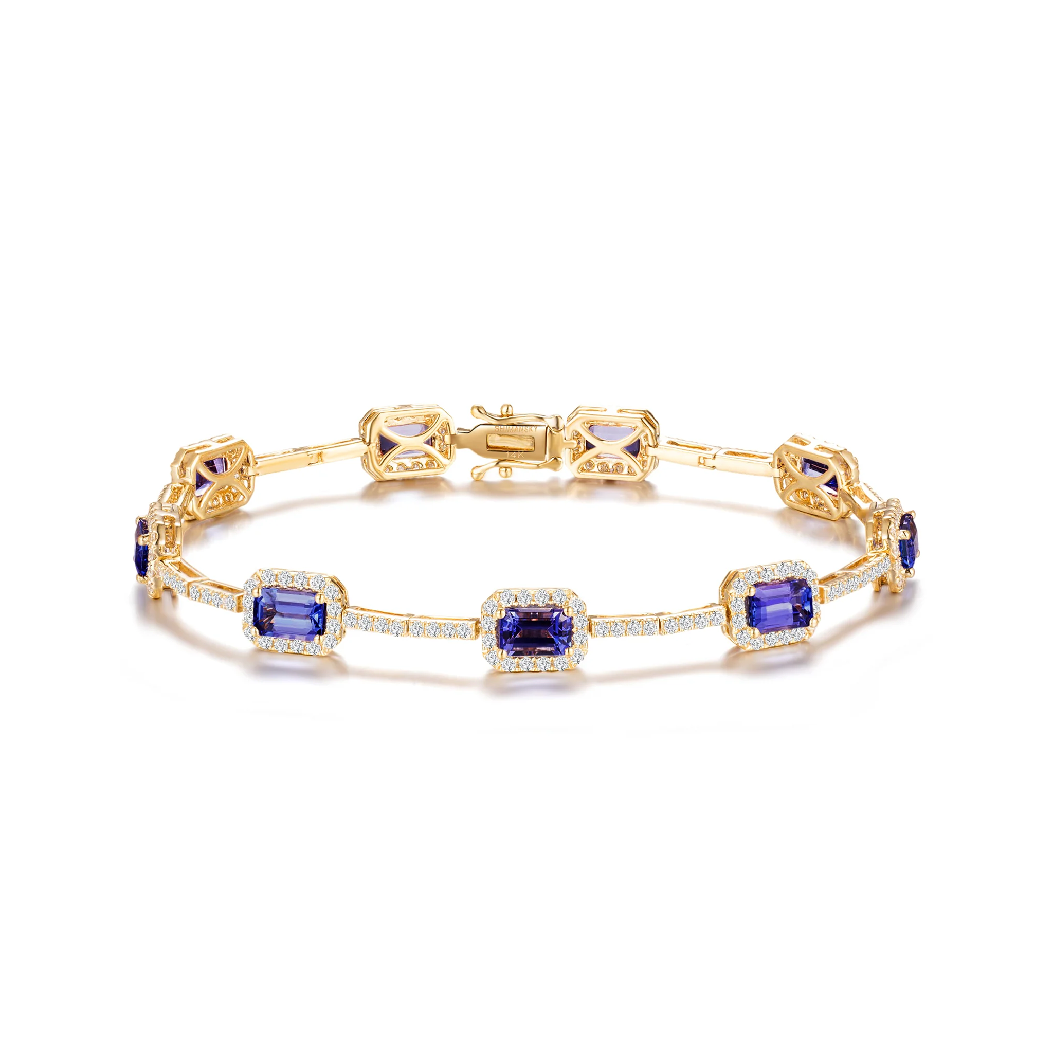 Shimansky 5.4 TCW Tanzanite Emerald Halo Dress Bracelet 14K White Gold Front view #Metal_Yellow Gold