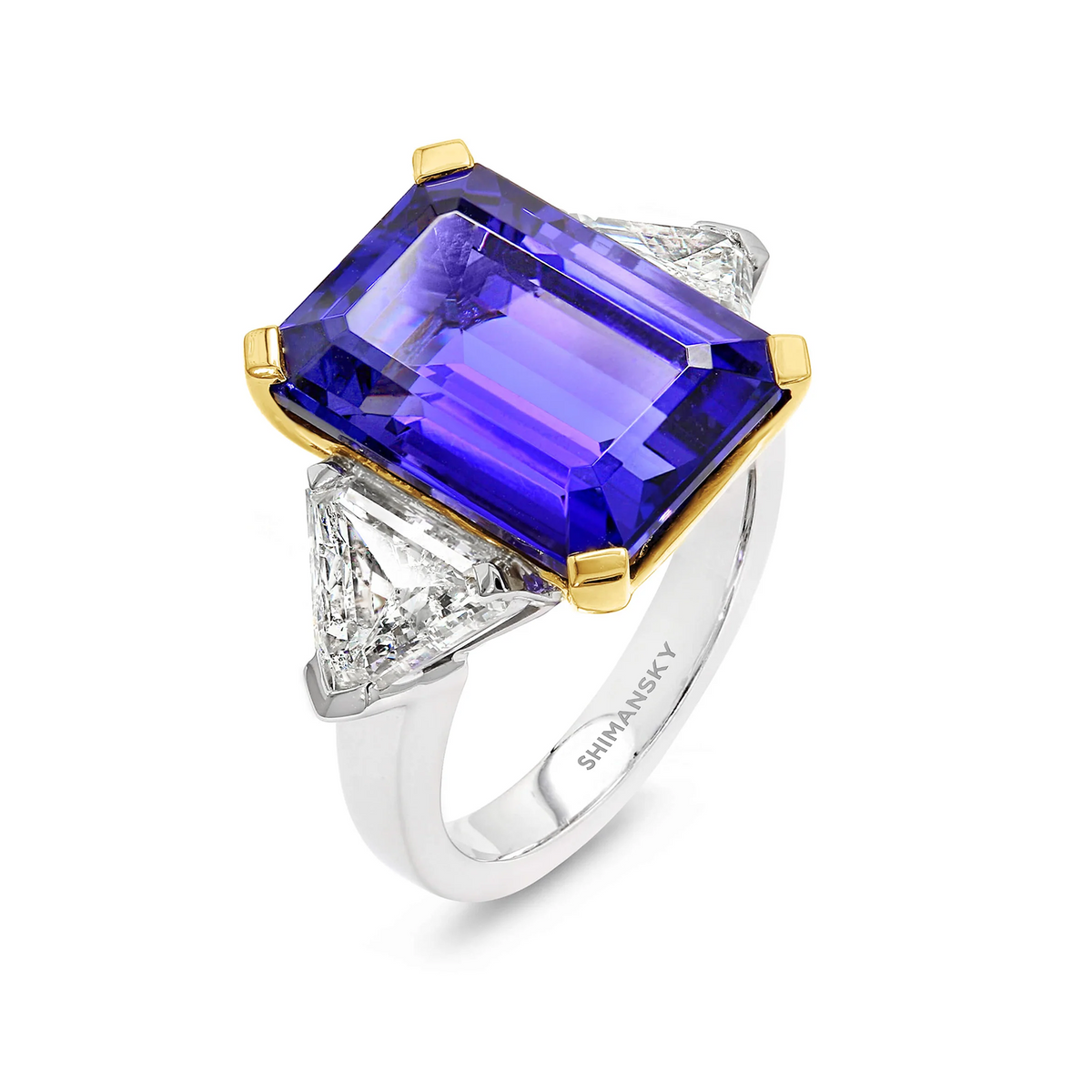Shimansky 11.9 TCW Tanzanite Emerald Trilogy Ring in 18K White Gold 3D View #card-first