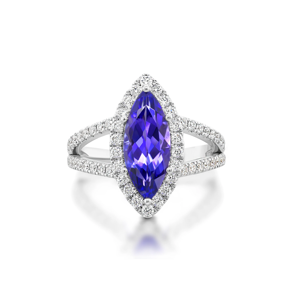 Shimansky 2.6ct Tanzanite Marquise Halo Dress Ring in 14K White Gold Front View