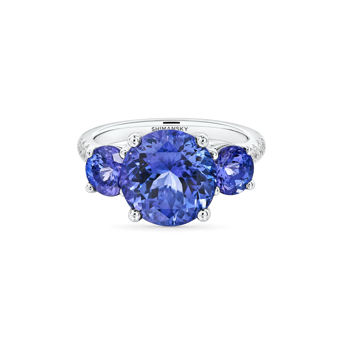 Shimansky 7ct Round Tanzanite Trilogy Ring in 18K White Gold - Front View