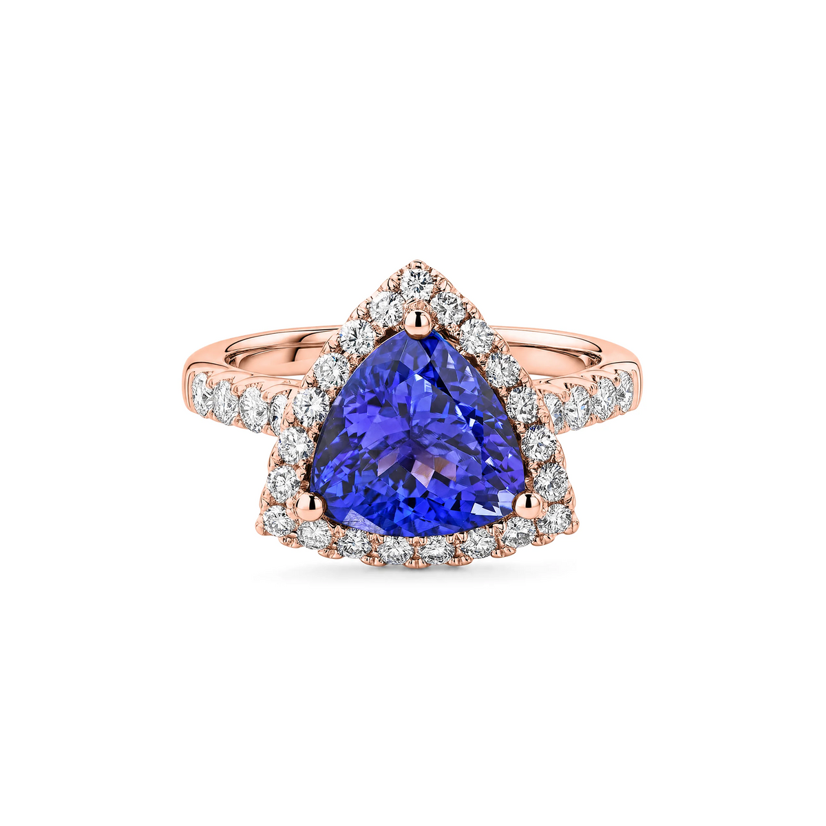 Shimansky 3.5ct Trilliant Tanzanite Microset Halo Ring in 18K Rose Gold - Front View #Metal_Rose Gold