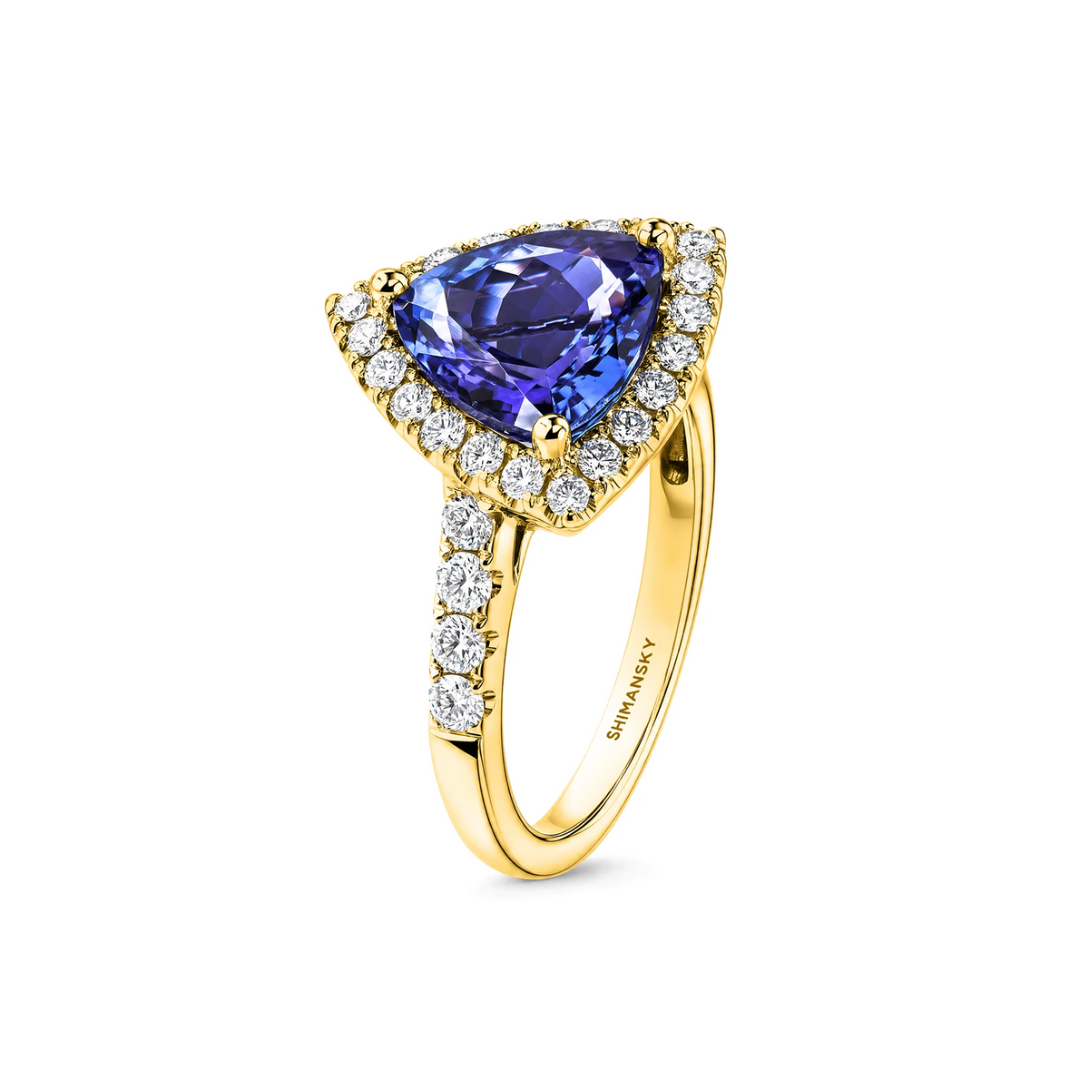 Shimansky 3.5ct Trilliant Tanzanite Microset Halo Ring in 18K Yellow Gold - 3D View #card-first #Metal_Yellow Gold
