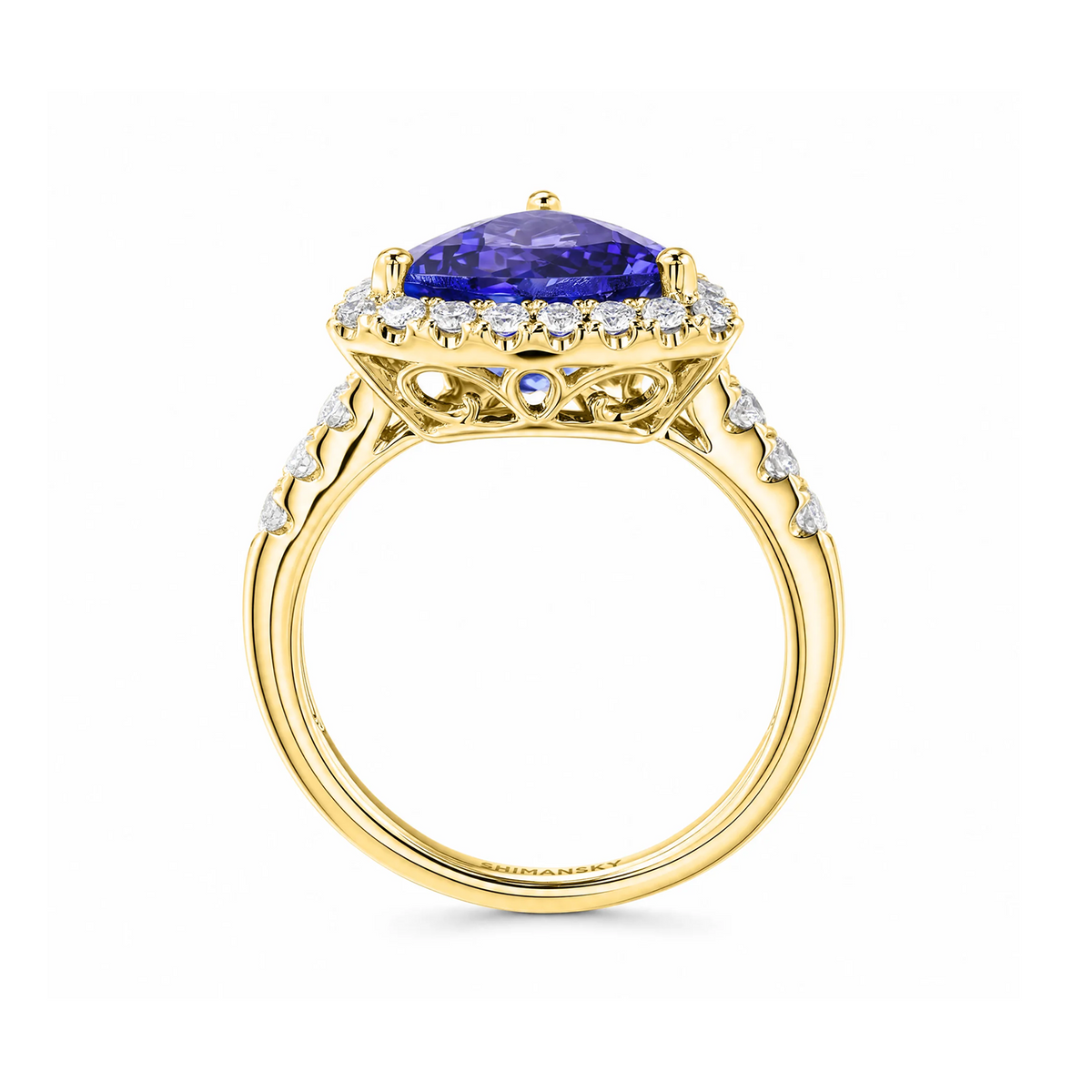 Shimansky 3.5ct Trilliant Tanzanite Microset Halo Ring in 18K Yellow Gold - Side View #Metal_Yellow Gold