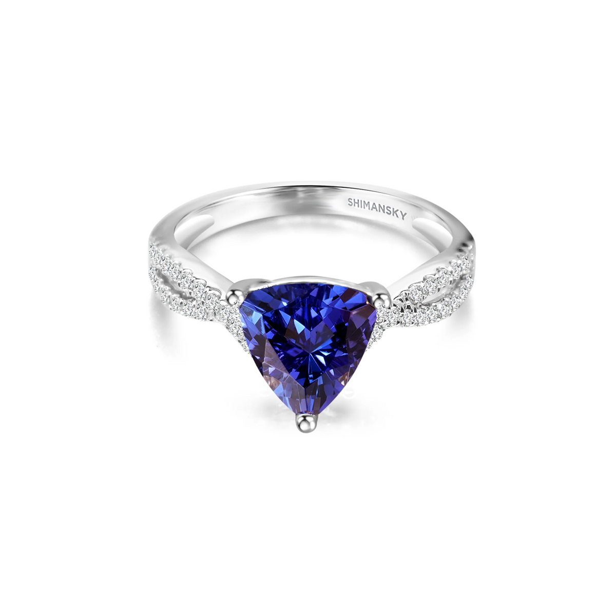 Shimansky 1.3 TCW Trilliant Tanzanite Pave Ring in 14K White Gold Front View