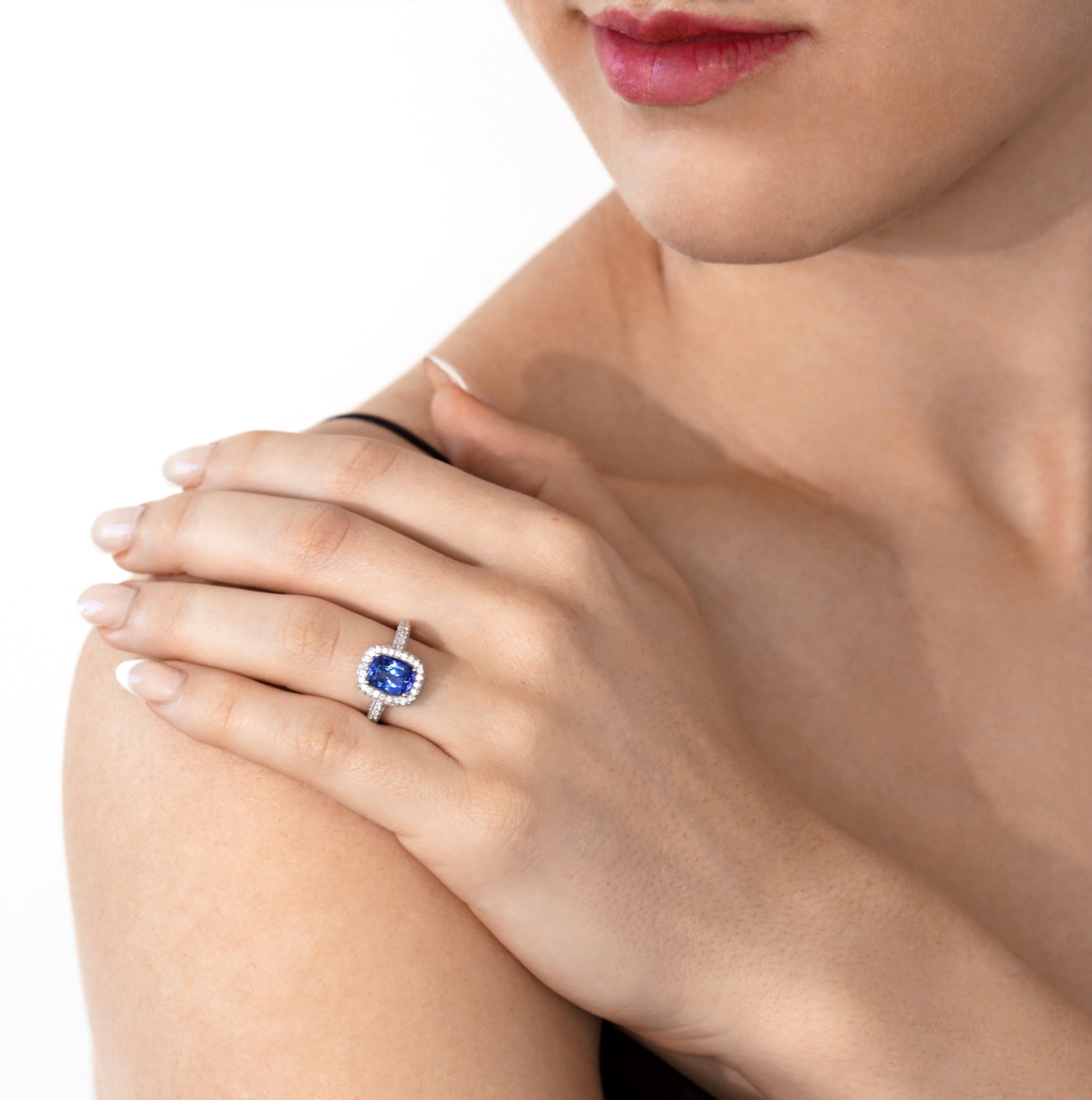Shimansky 2.5 TCW Tanzanite and Diamond Halo Ring in 18K White Gold Model View