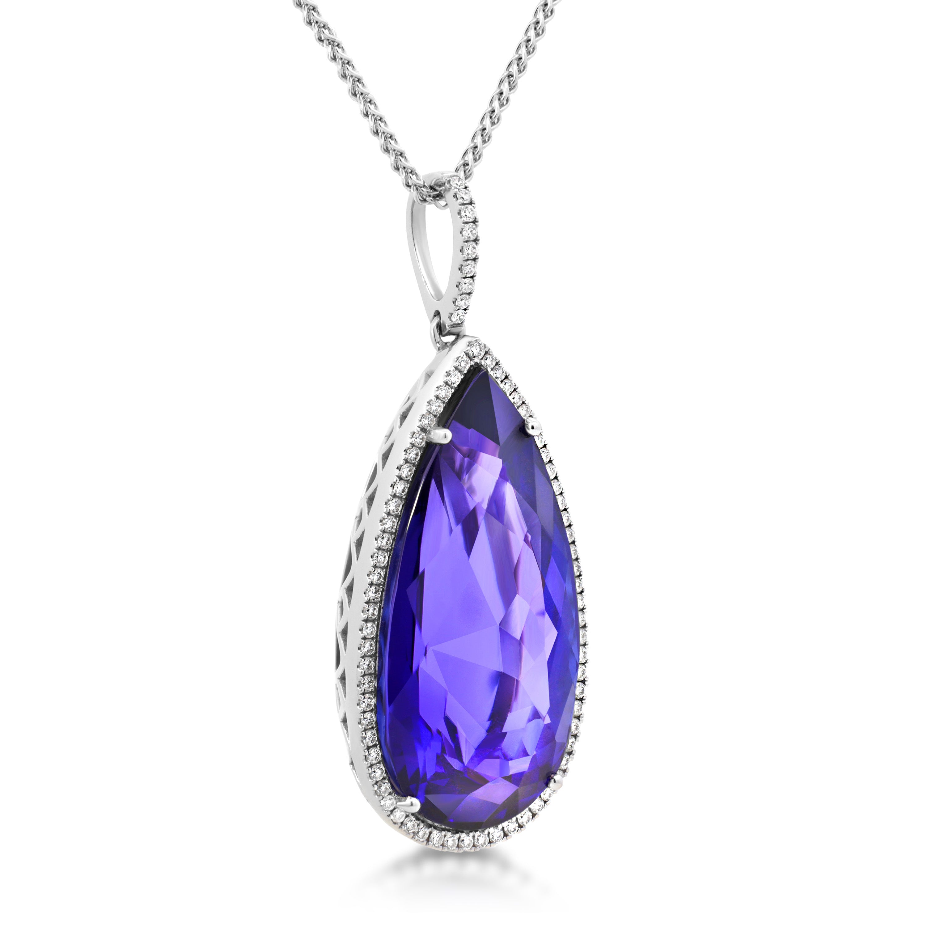 Shimansky 58 TCW Tanzanite Pear Halo Pendant in 18K White Gold 3D View