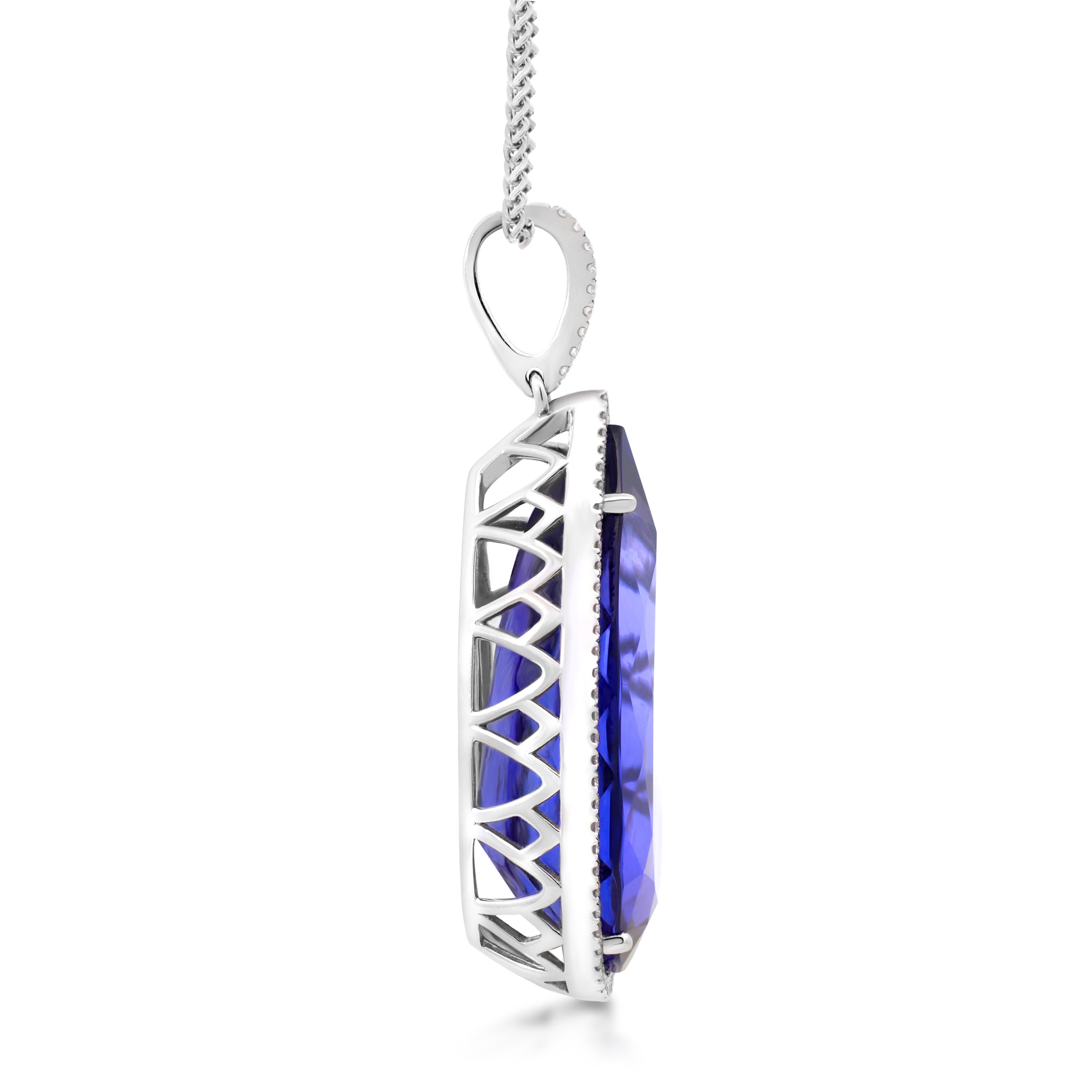 Shimansky 58 TCW Tanzanite Pear Halo Pendant in 18K White Gold Side View