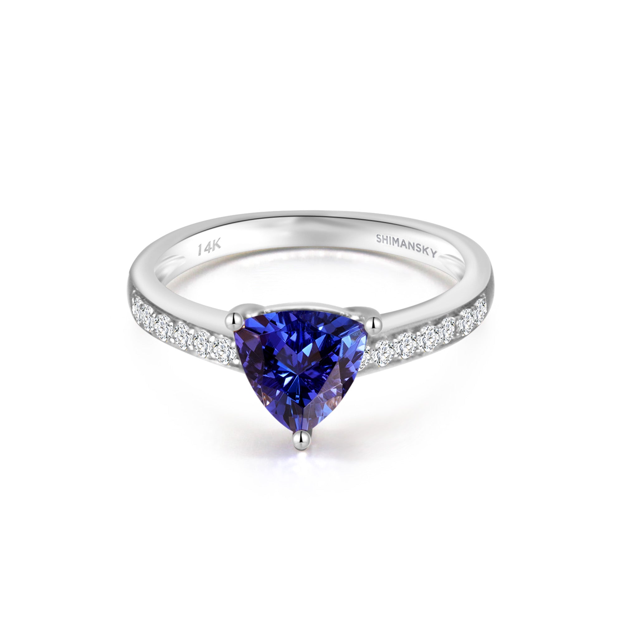 Shimansky 1.3 TCW Trilliant Tanzanite Pave Ring in 14K White Gold Front View