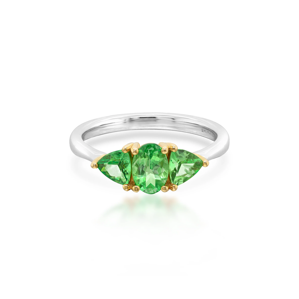 Shimansky 1.25 TCW Trilogy Tsavorite Ring in 14K White & Yellow Gold Front View