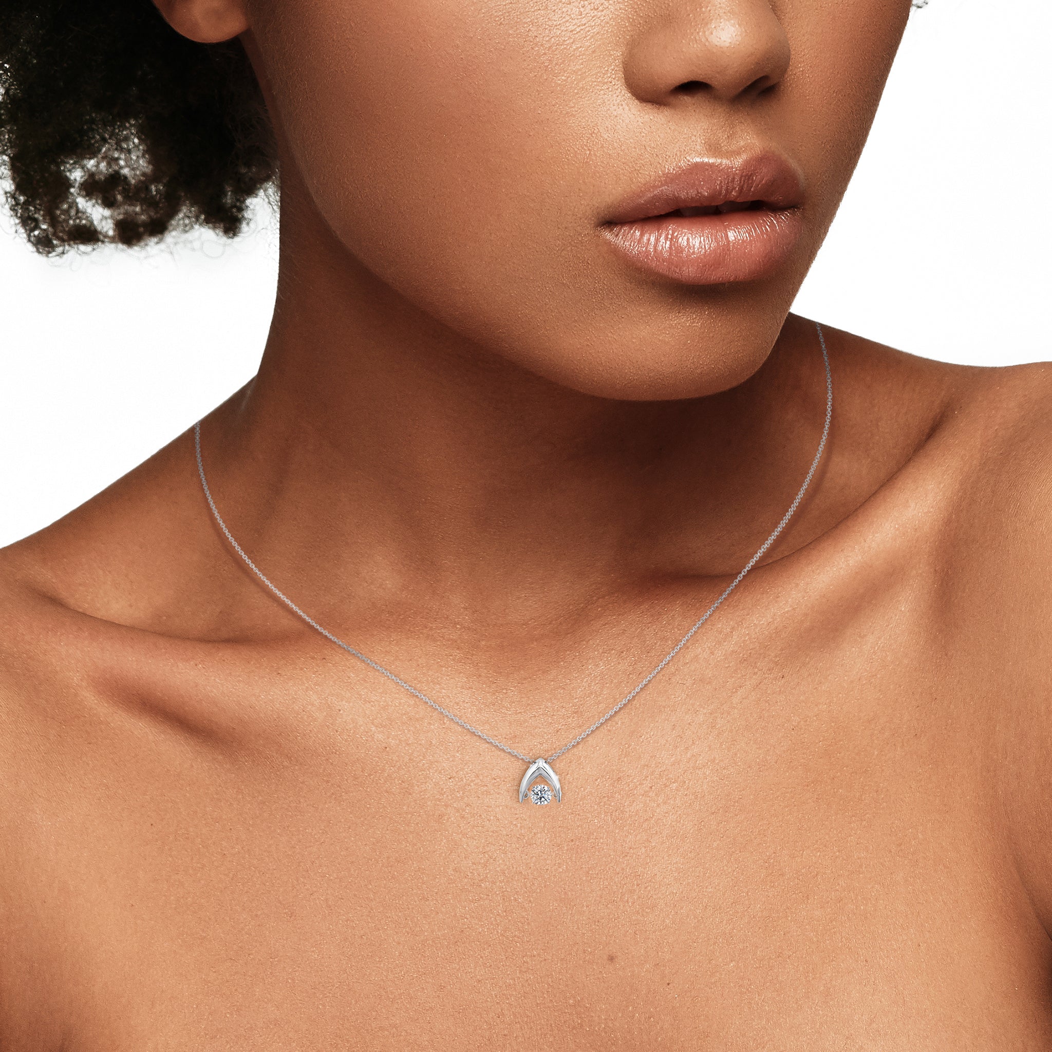 Shimansky - Women Wearing the Dancing Diamond Wishbone Pendant 0.10ct crafted in 14K White Gold