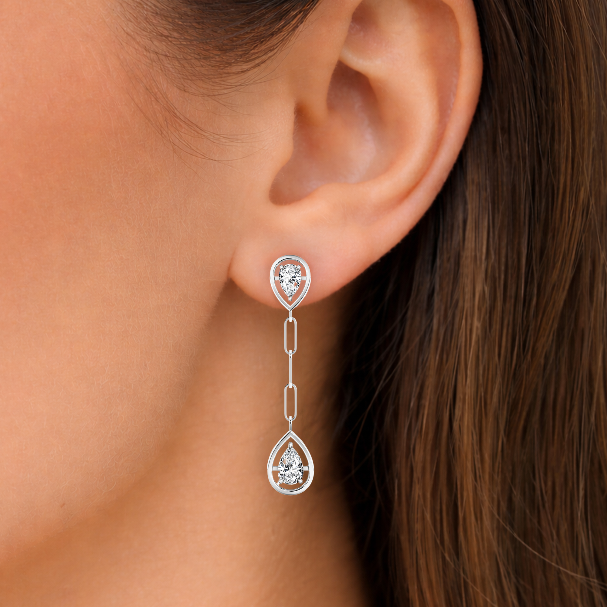 Shimansky 1.1 TCW Saturn Pear Diamond Drop Earrings in 14K White Gold Model View