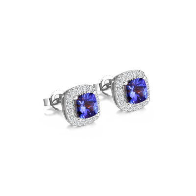 Boucles d'oreilles de halo à coussin carré tanzanite