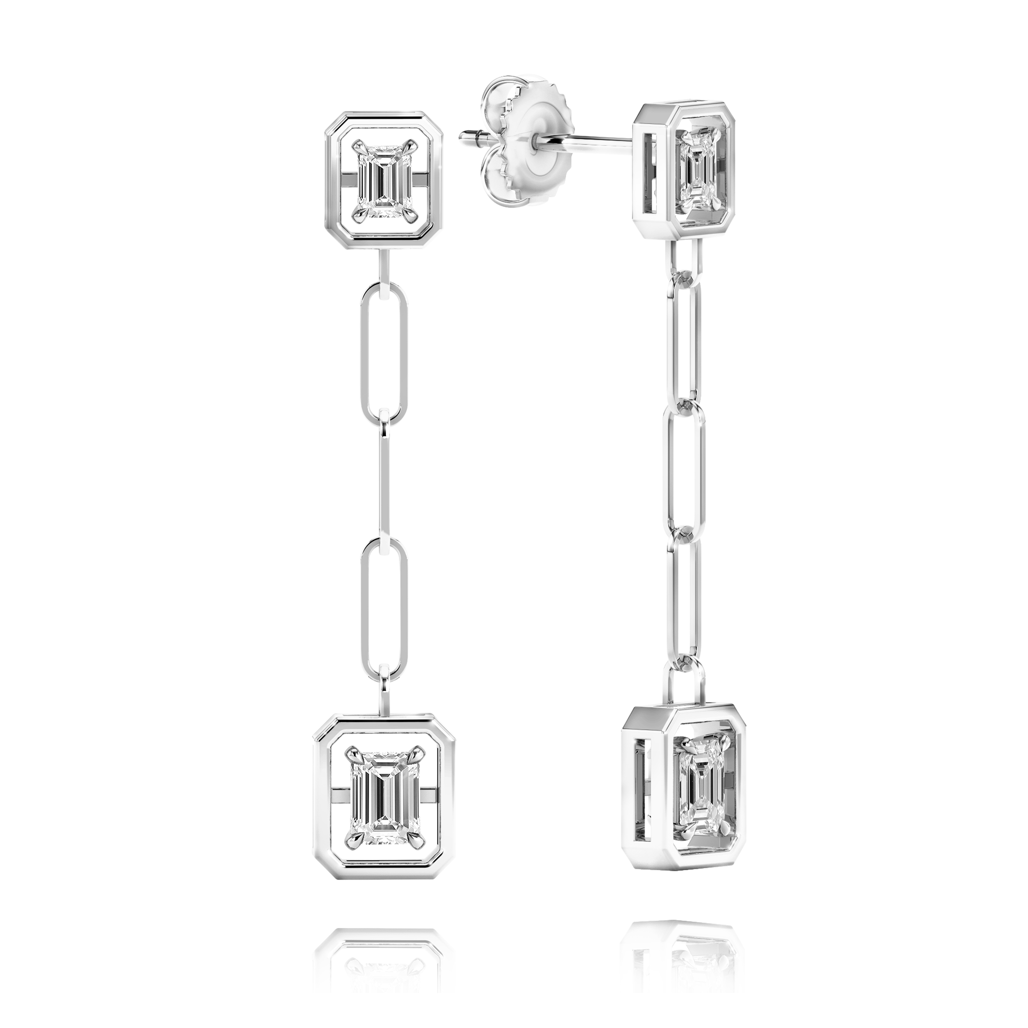 Shimansky 0.9 TCW Saturn Emerald Diamond Drop Earrings in 14K White Gold 3D View
