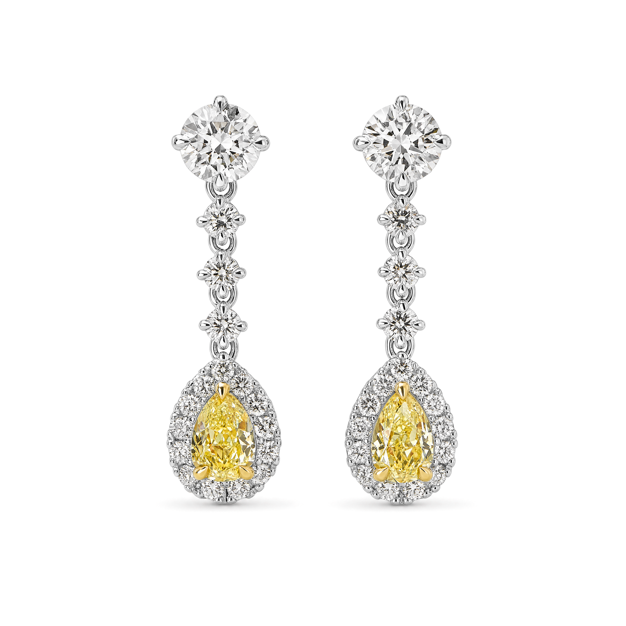 Pear Fancy Yellow Halo Graduating Diamond Earrings