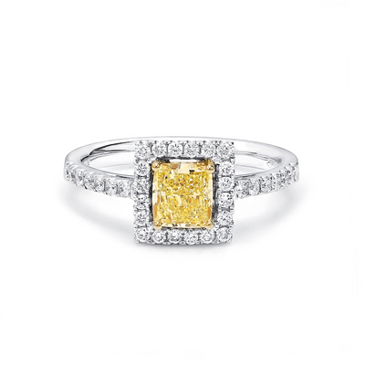Anillo de diamantes con halo amarillo elegante