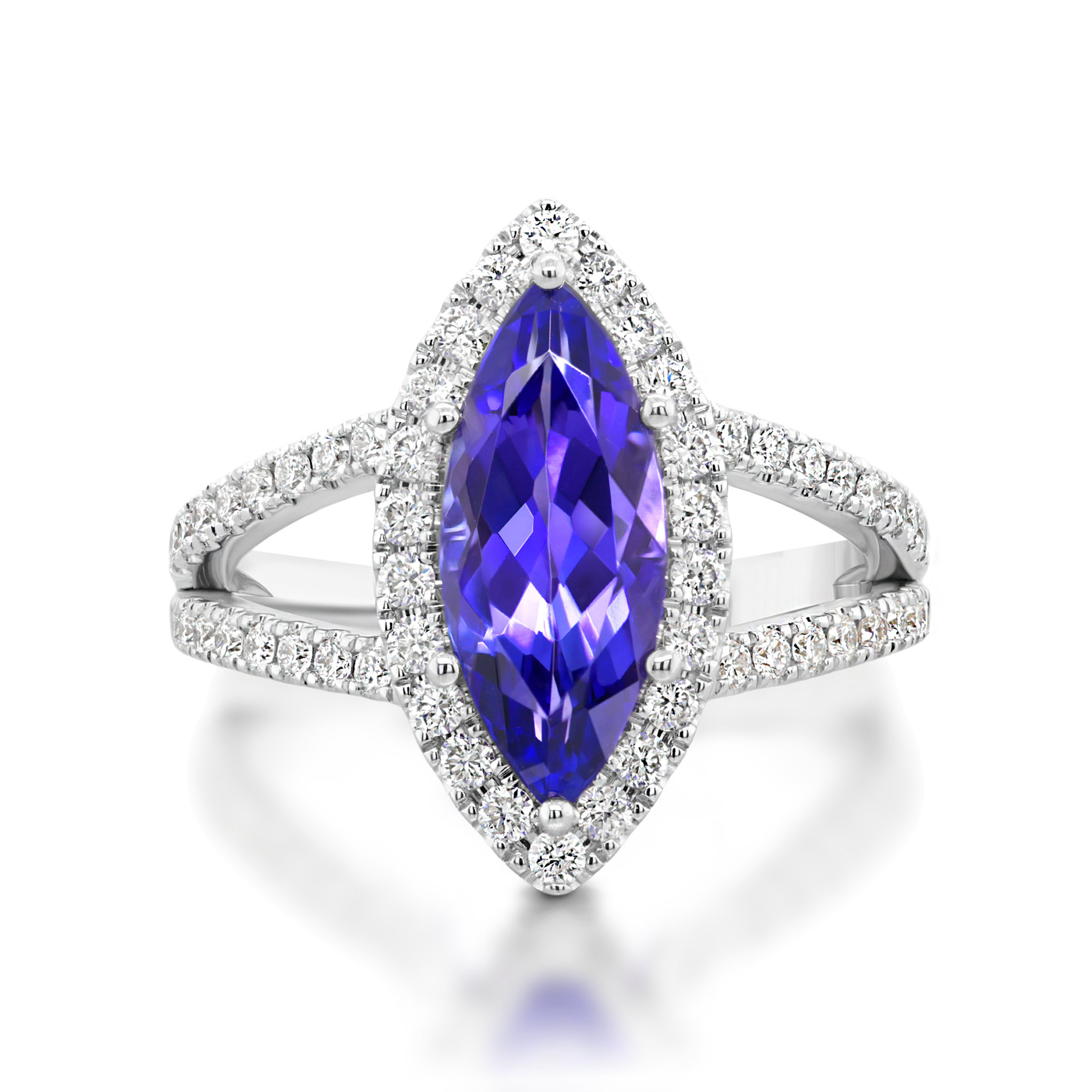 Shimansky 2.6 TCW Tanzanite Marquise Halo Dress Ring in 14K White Gold Front View