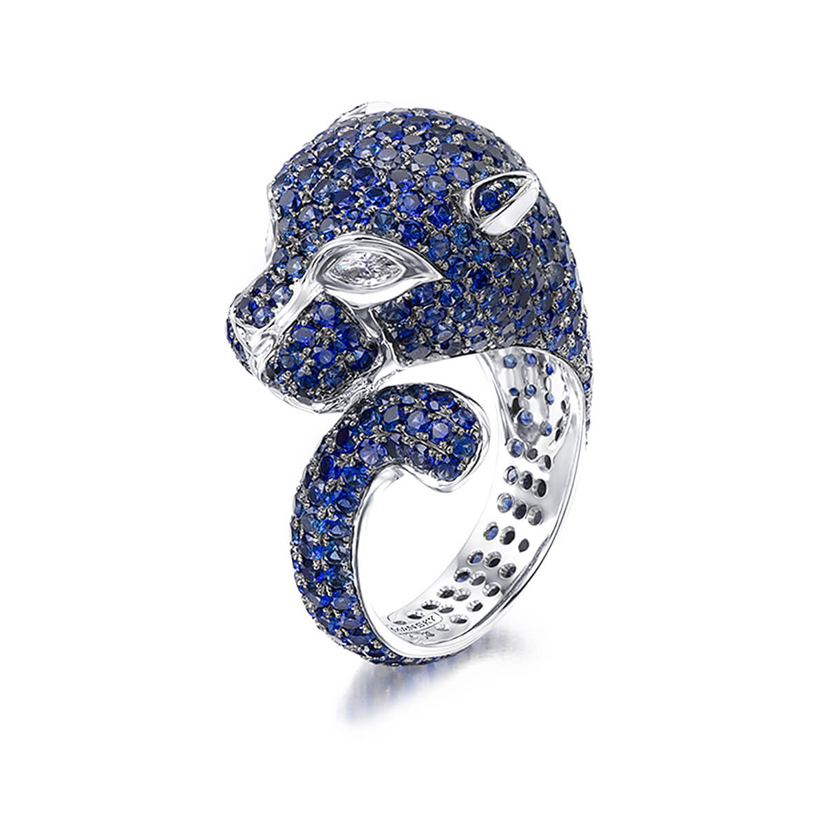 Blue Sapphire and Diamond Panther Ring in 18K White Gold Profile View