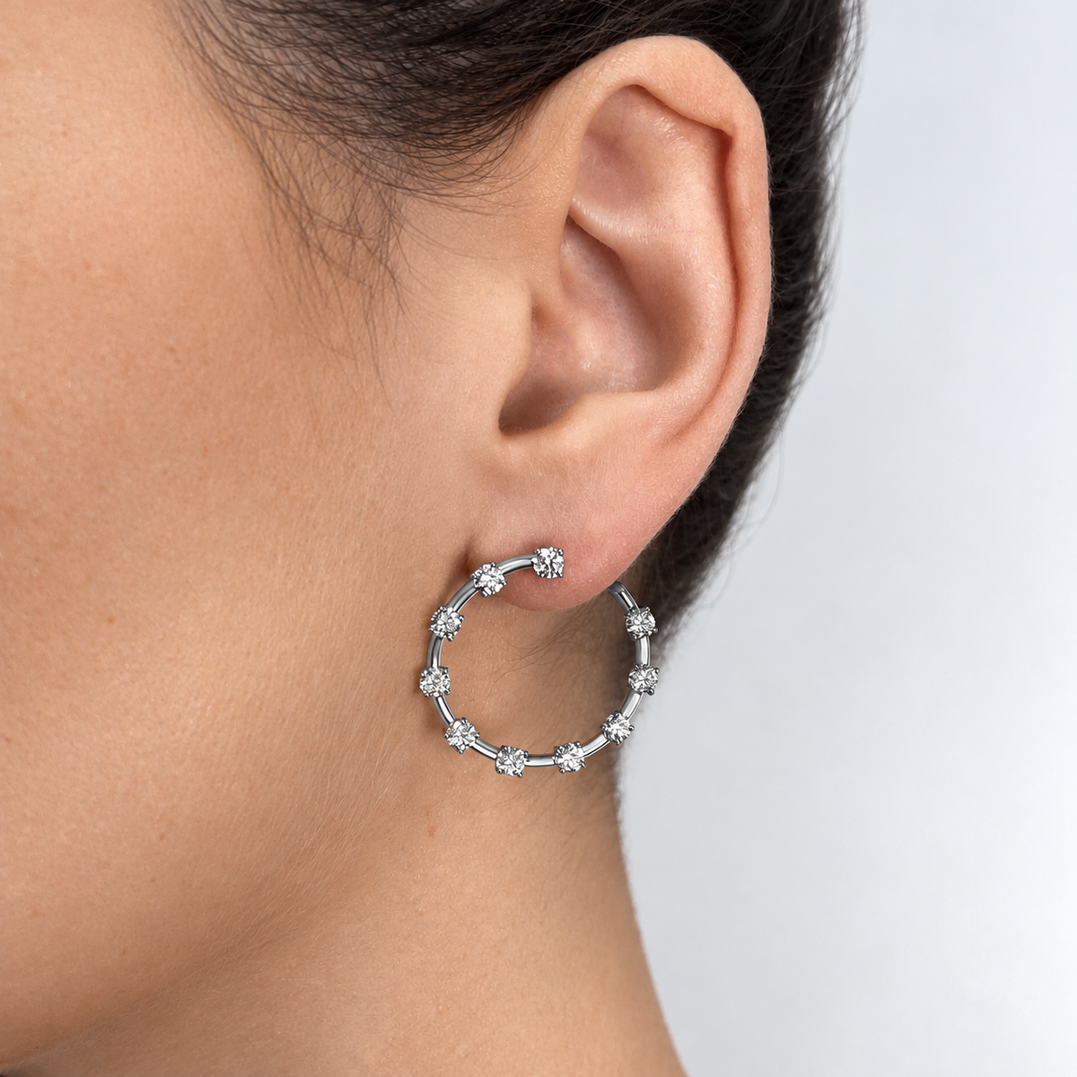 Shimansky 2 TCW Crescent Diamond Hoop Earrings Crafted in 14K White Gold Model View #Metal_White Gold