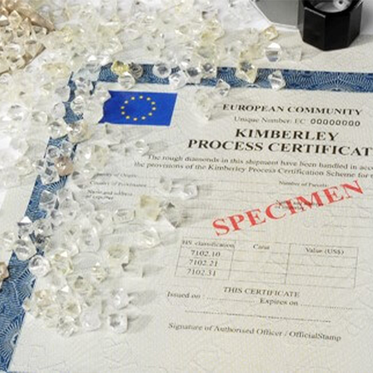 A diamond certificate for a diamond ring, gracefully resting on a lavish pile of shimmering diamonds. Kimberley Process Certificate