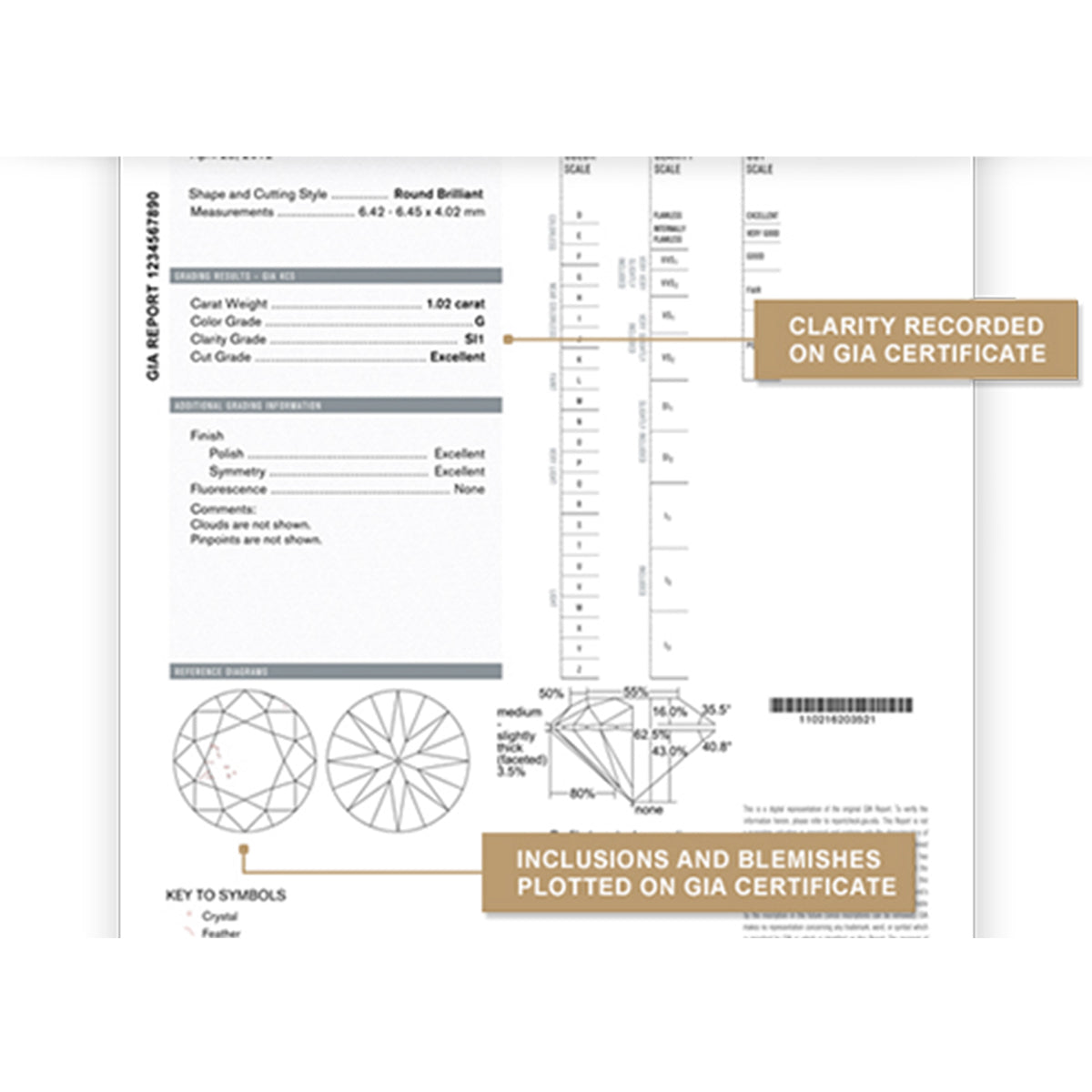 Shimansky Jewellery GIA report illustrating where to find clarity and inclusions details