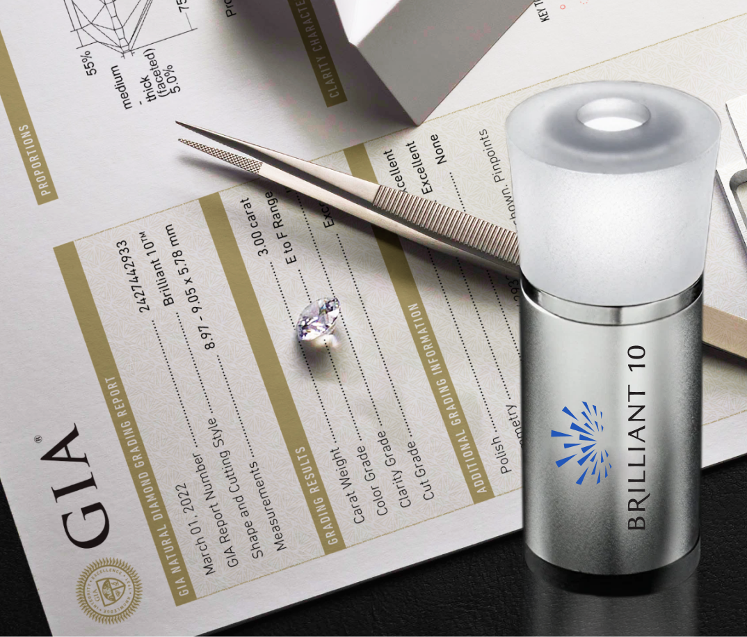 Brilliant 10 Diamond by Shimansky placed on a GIA grading report beside a Brilliant 10 diamond scope.