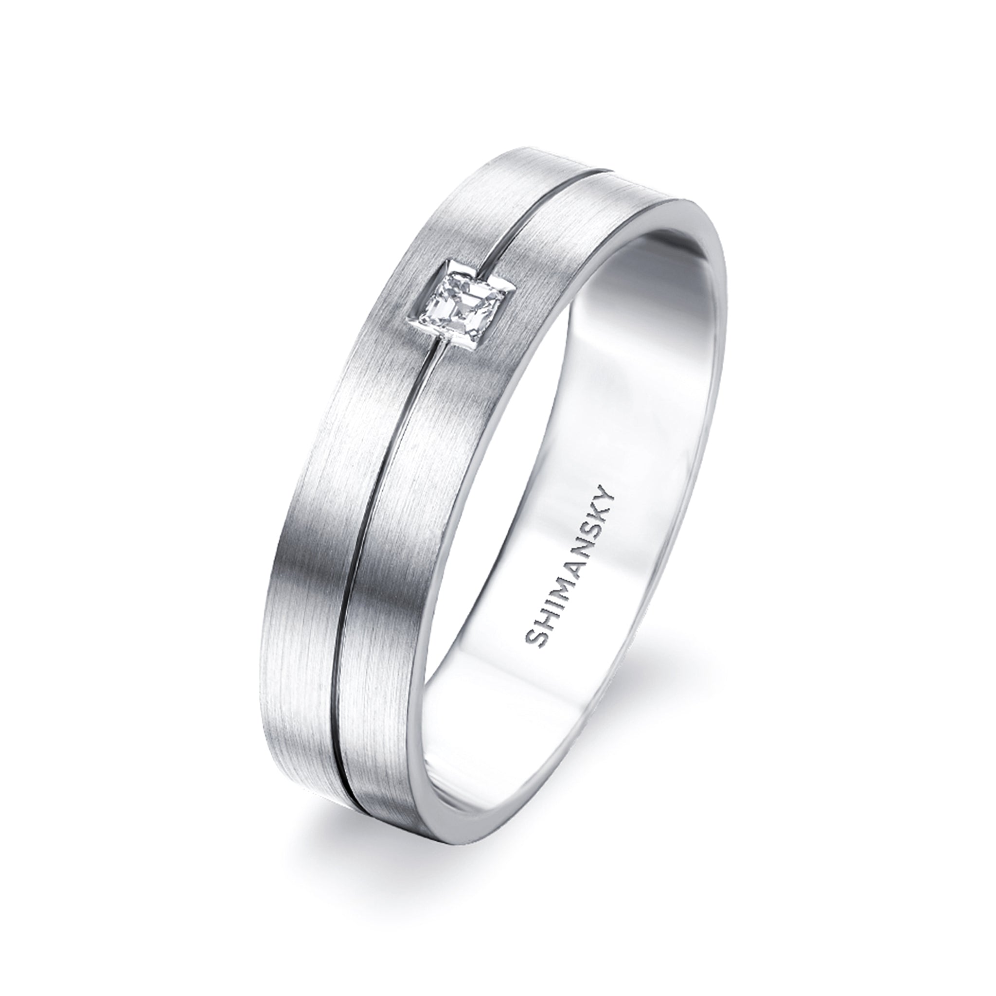 Shimansky - Max-Line Single Square Diamond Grooved Wedding Band in Brushed Palladium