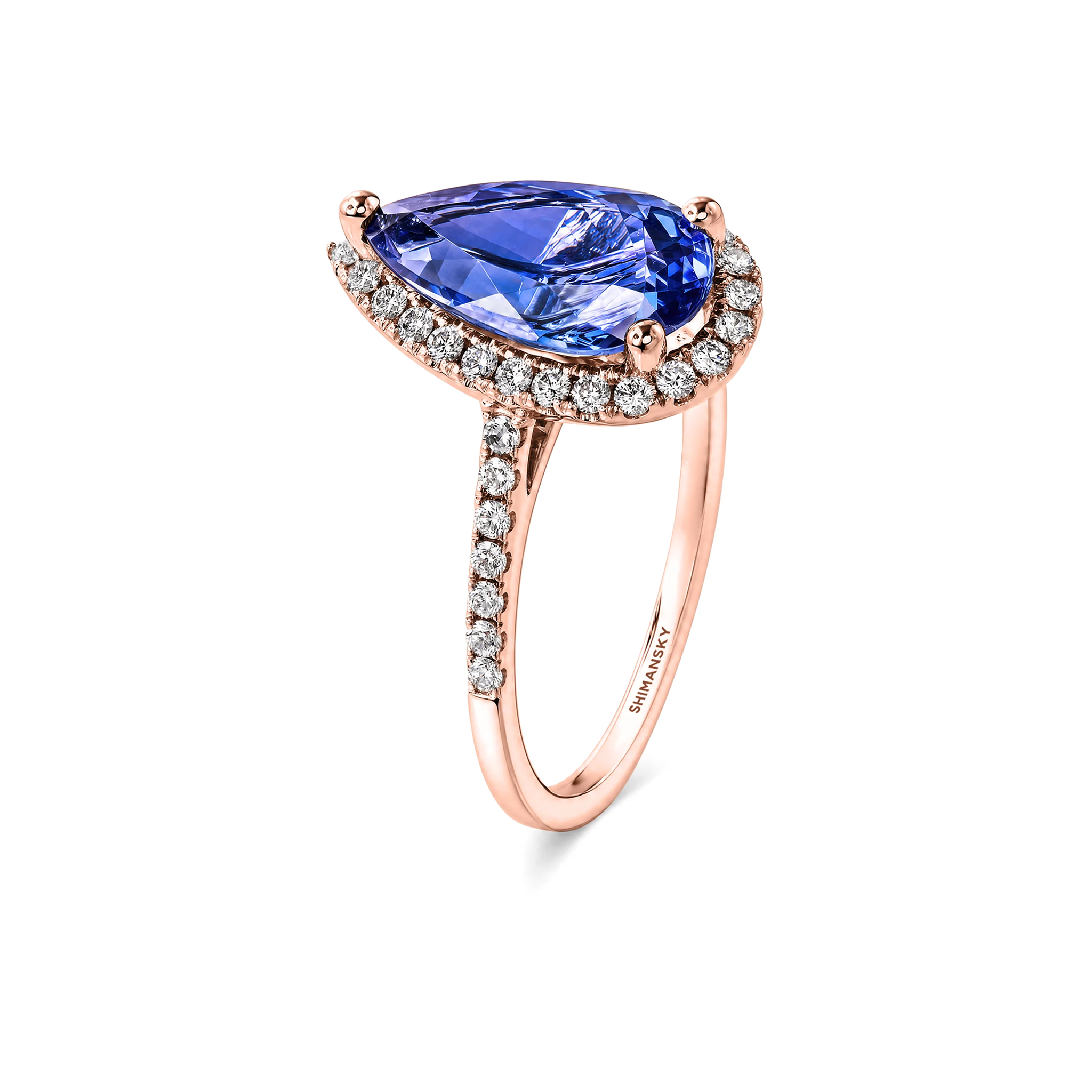 Shimansky 3ct Microset Halo Pear Tanzanite Ring in 18K Rose Gold - 3D View #Metal_Rose Gold #card-first