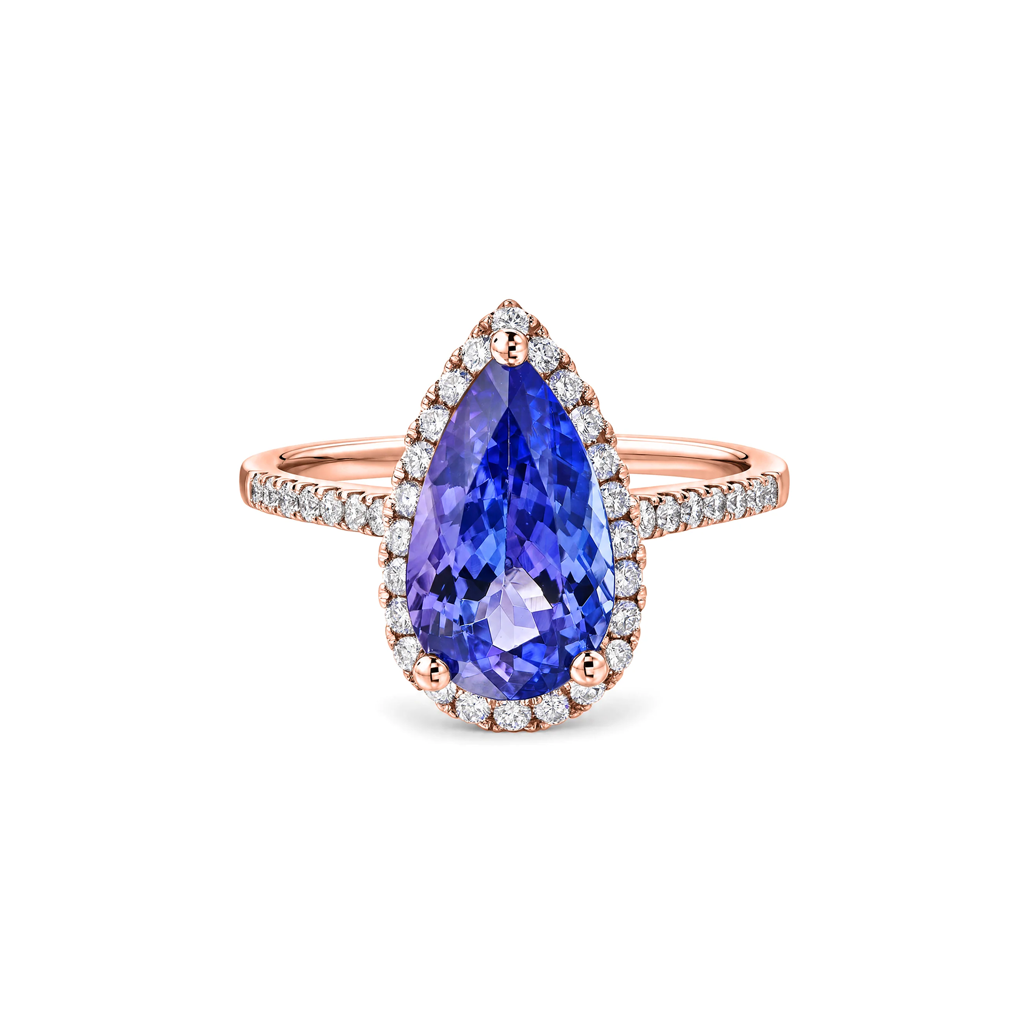 Shimansky 3ct Microset Halo Pear Tanzanite Ring in 18K Rose Gold - Front View #Metal_Rose Gold