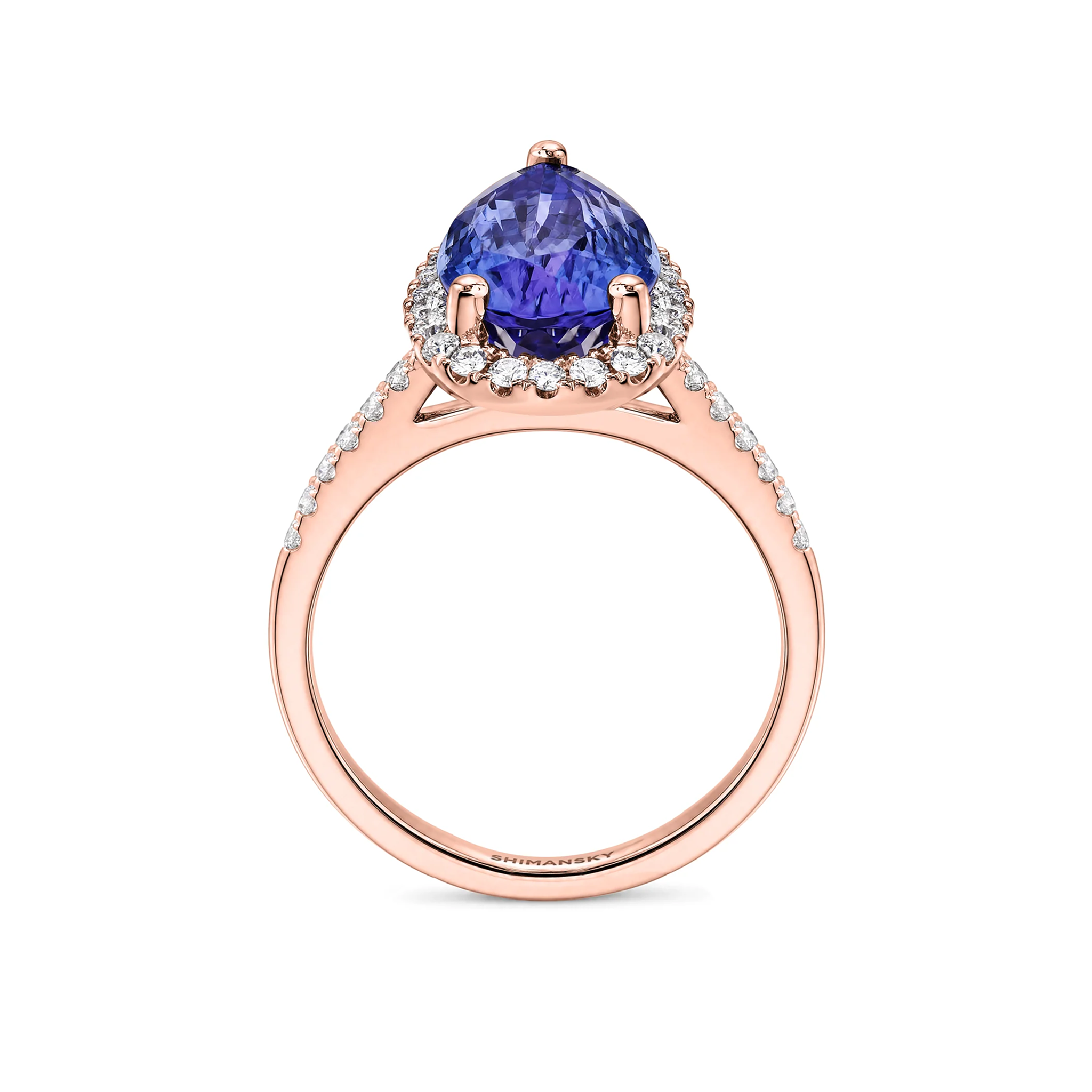 Shimansky 3ct Microset Halo Pear Tanzanite Ring in 18K Rose Gold - Side View #Metal_Rose Gold