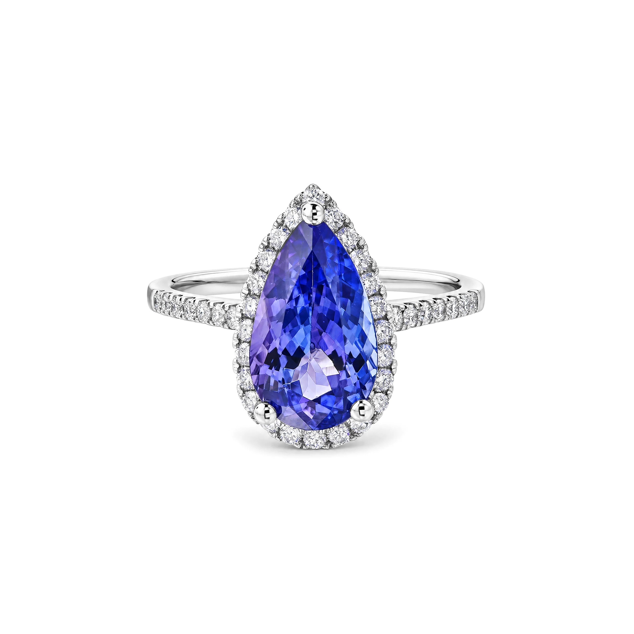 Shimansky 3ct Microset Halo Pear Tanzanite Ring in 18K White Gold - Front View #Metal_White Gold