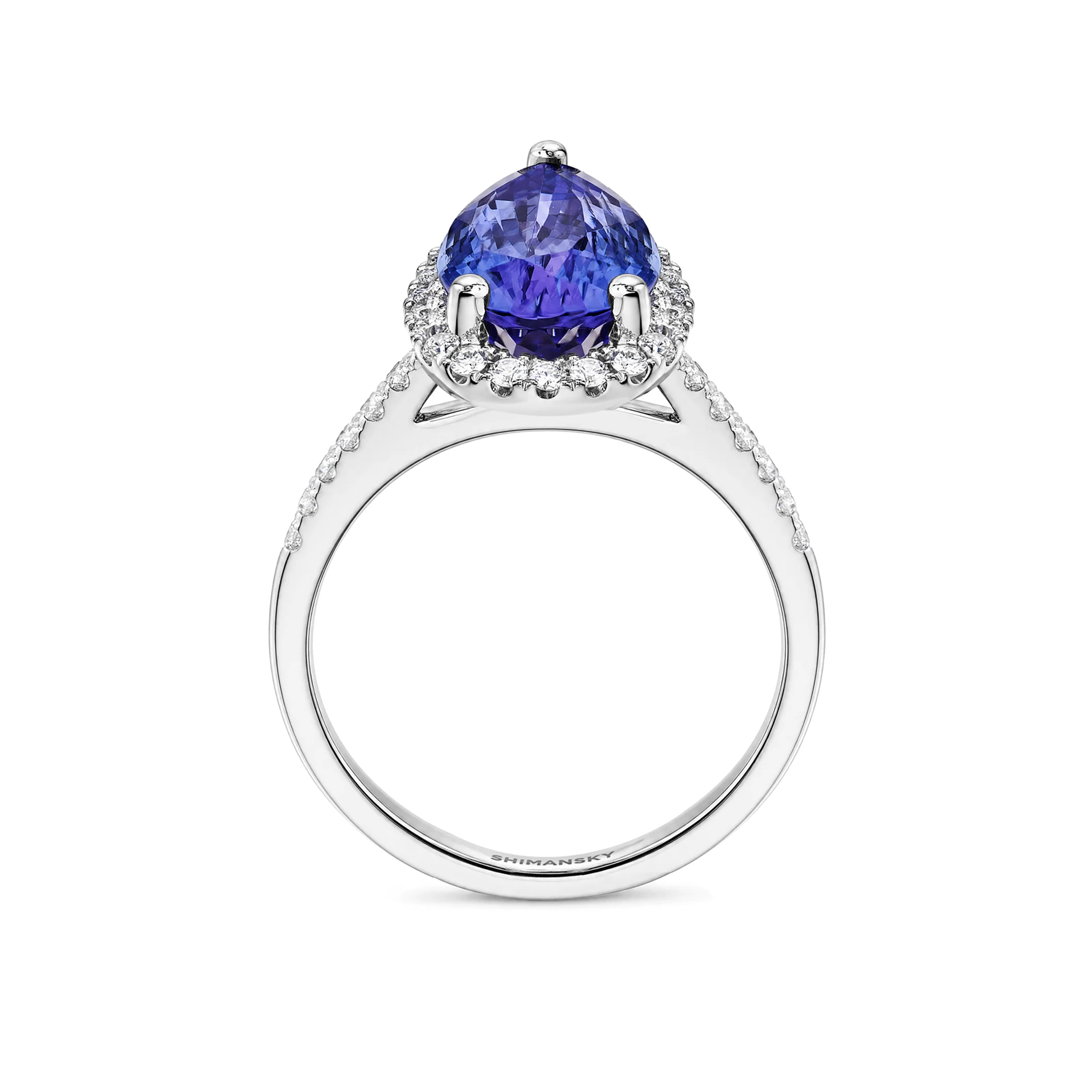Shimansky 3ct Microset Halo Pear Tanzanite Ring in 18K White Gold - Side View #Metal_White Gold