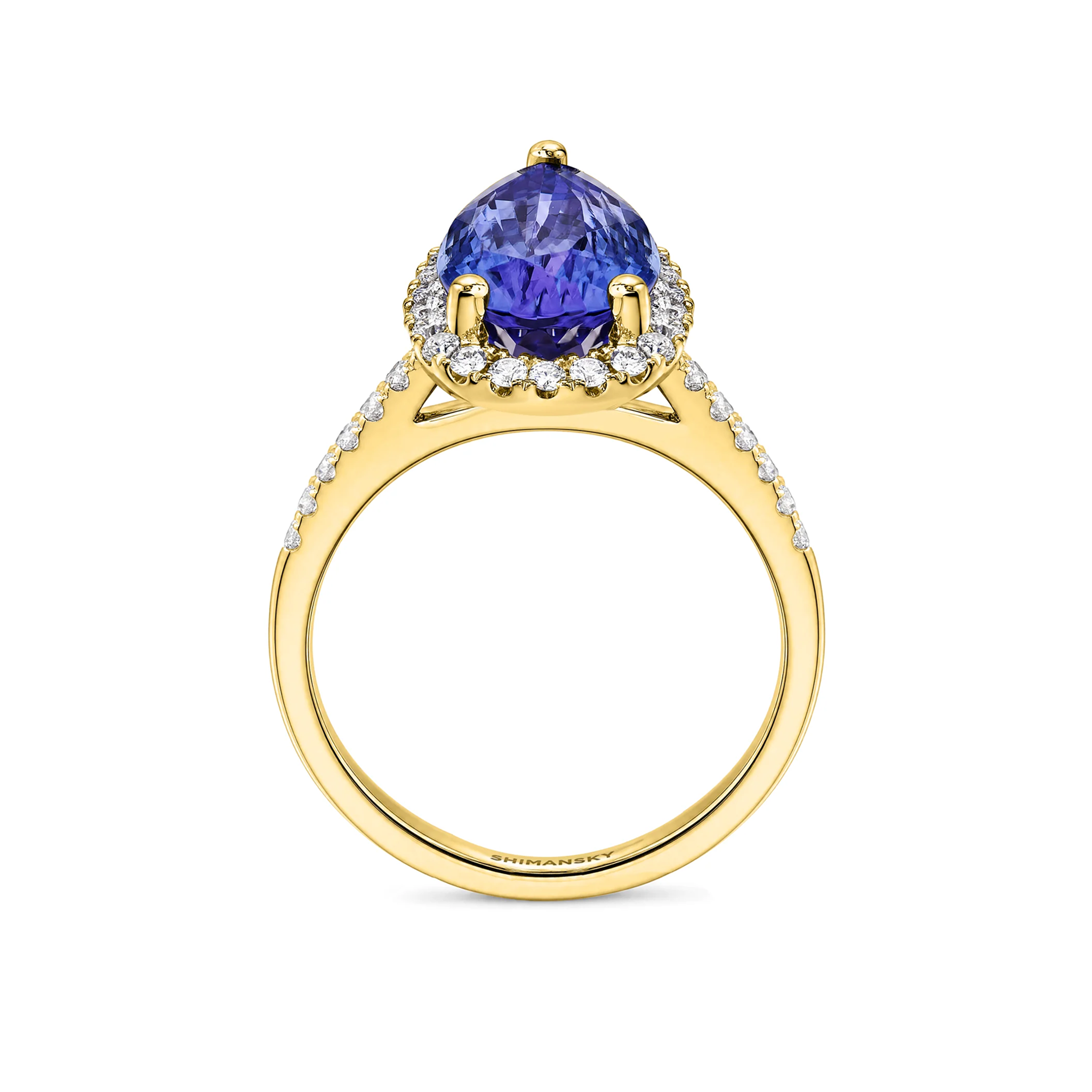 Shimansky 3ct Microset Halo Pear Tanzanite Ring in 18K Yellow Gold - Side View #Metal_Yellow Gold