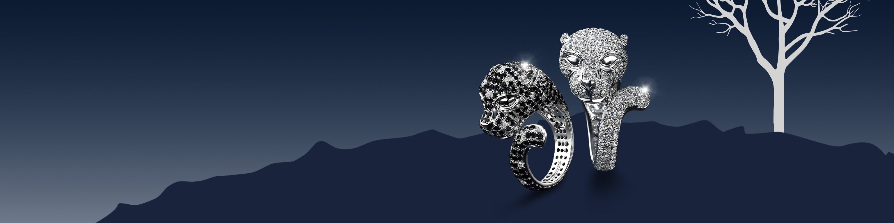 Two exquisite rings featuring a detailed leopard design and a graceful tree, symbolizing nature's elegance and wild beauty.