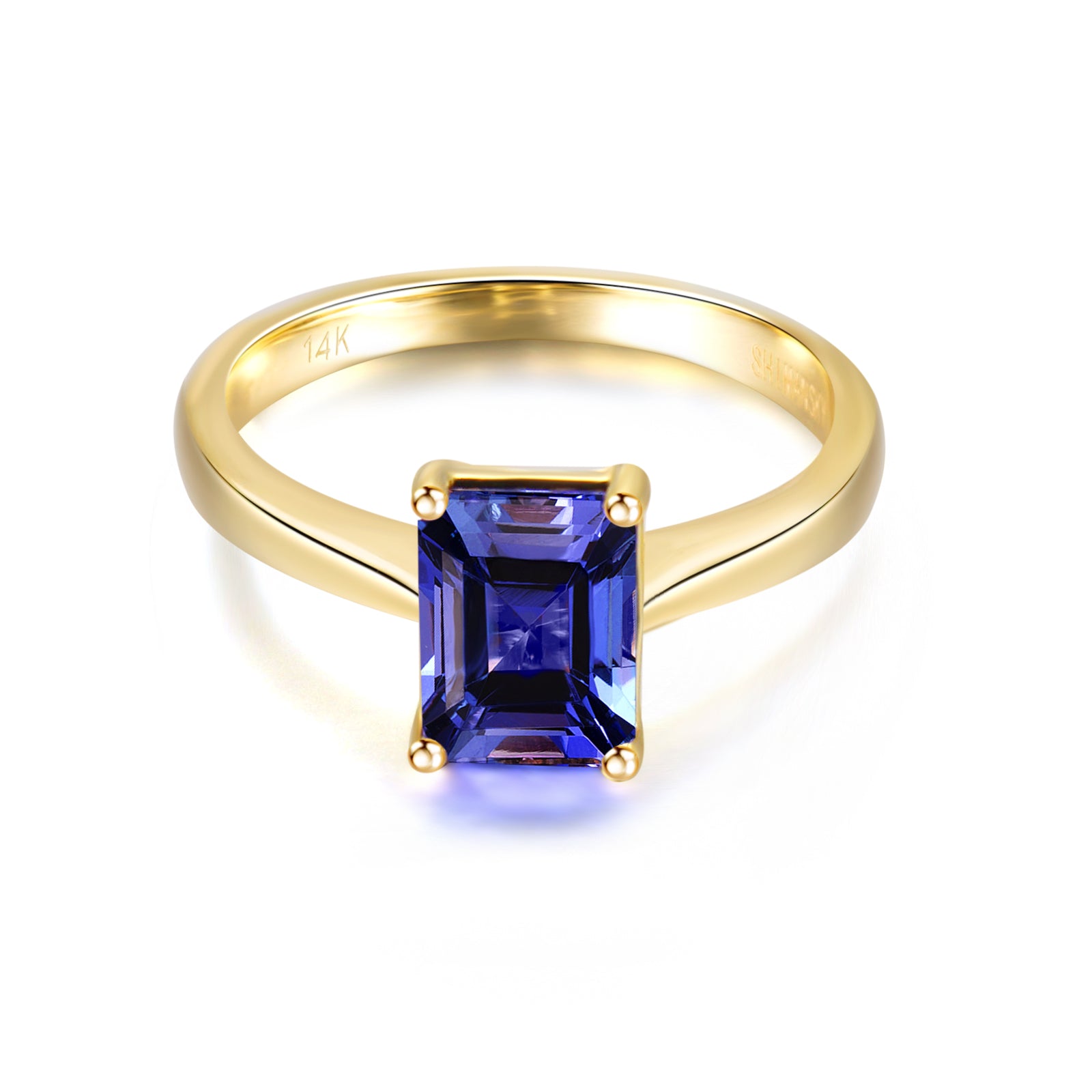 Shimansky 1.6ct Tanzanite Emerald Shape Solitaire ring 14K Yellow Gold Front View
