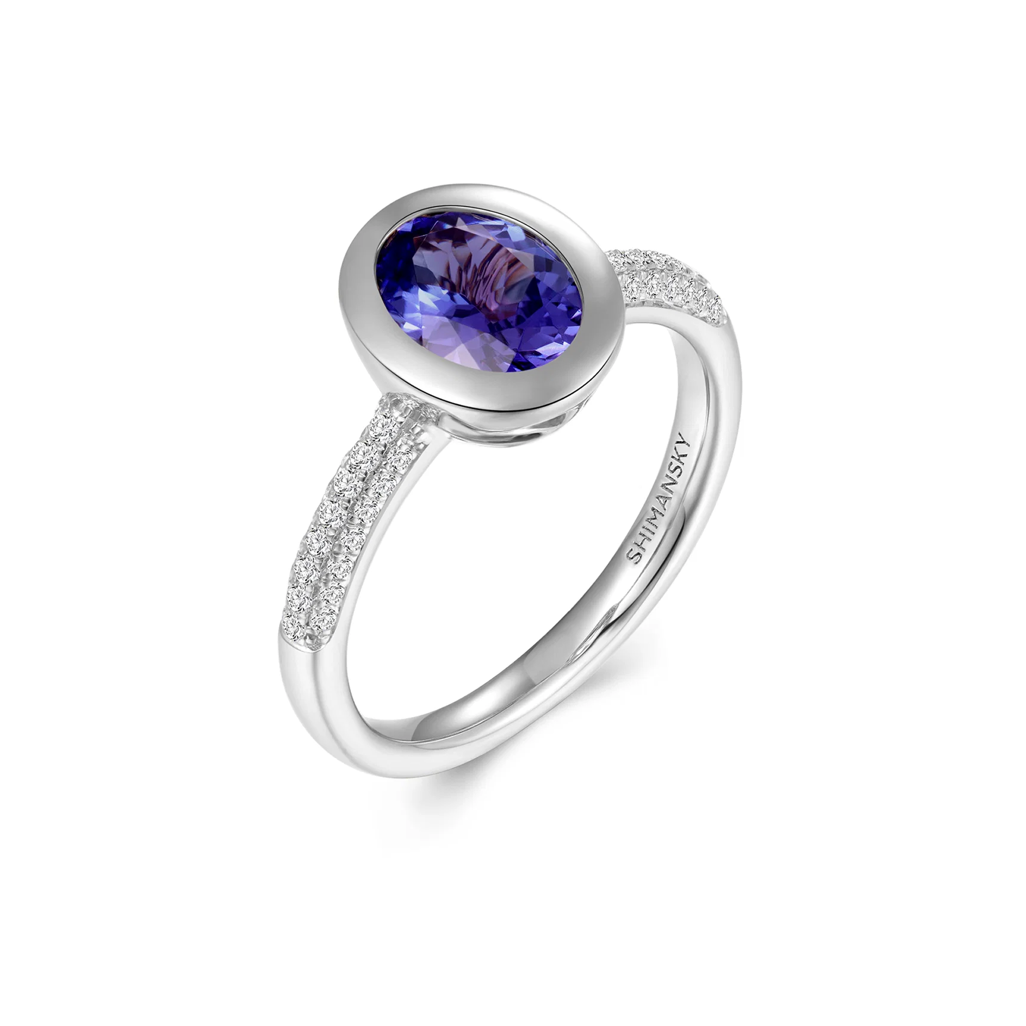 Shimansky 1.7 TCW Oval Tanzanite Bezel set Ring in 14K White Gold 3D View #Metal_White Gold #card-first