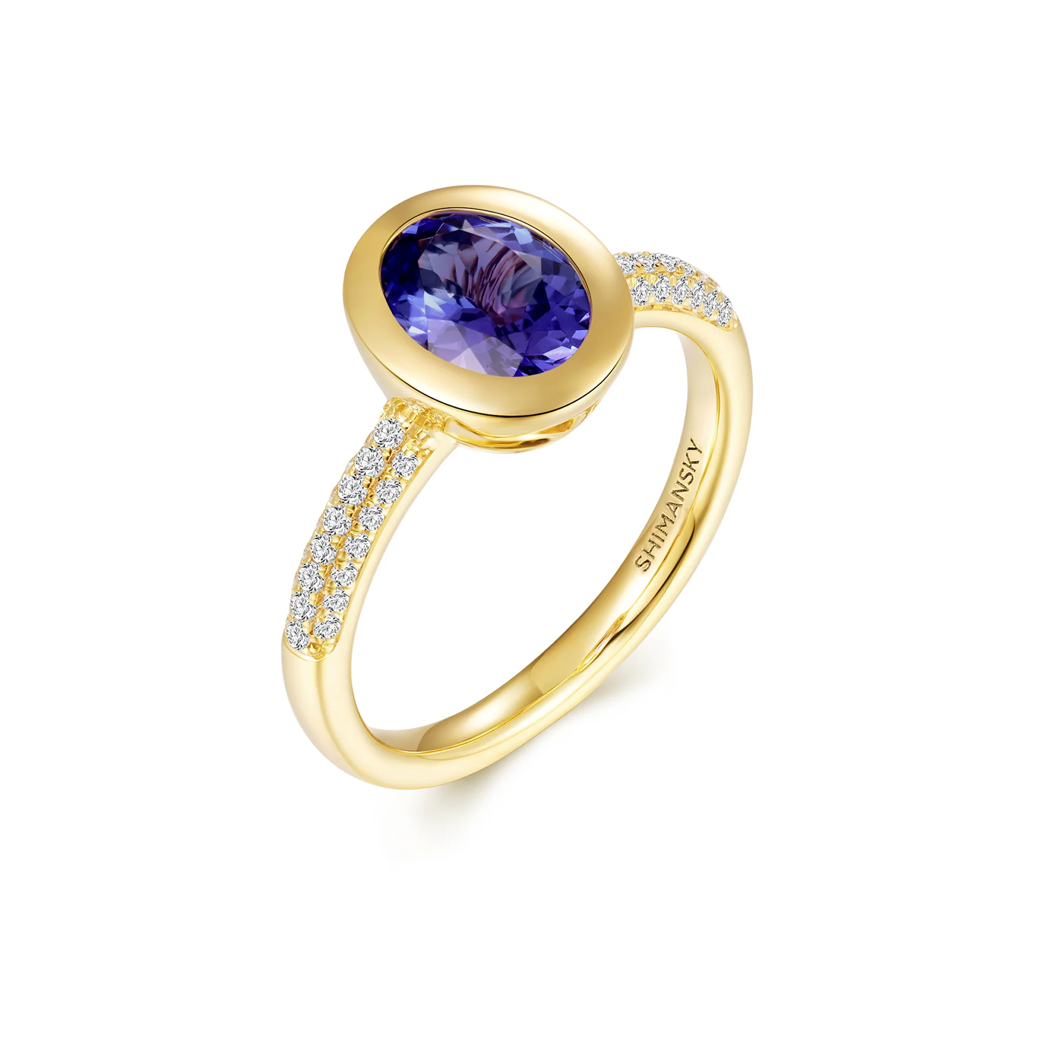 Shimansky 1.5 TCW Oval Tanzanite Bezel set Ring in 14K Yellow Gold 3D View #Metal_Yellow Gold #card-first