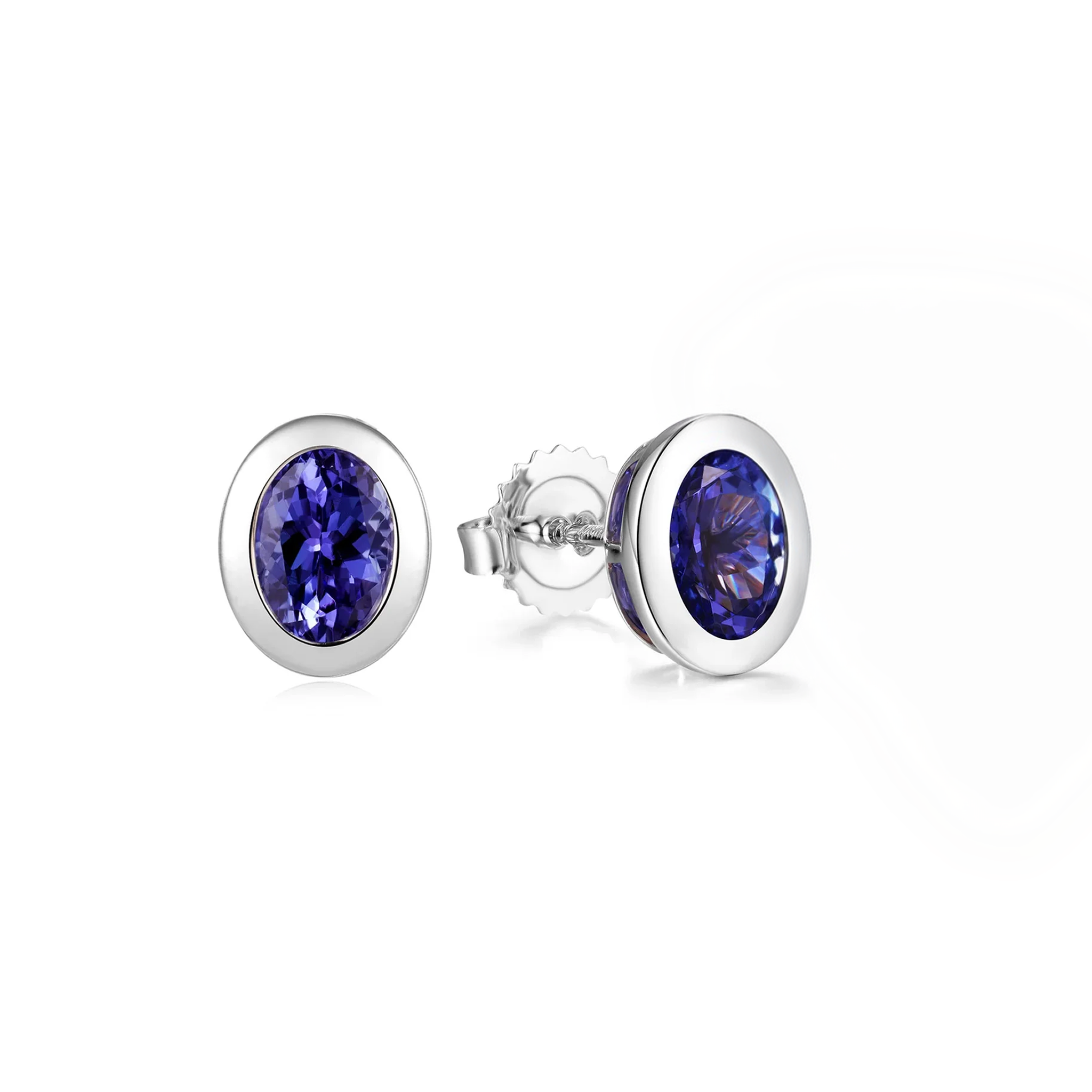 Shimansky 2.2 TCW Oval Tanzanite Bezel Stud Earrings in 14K White Gold 3D View #Metal_White Gold
