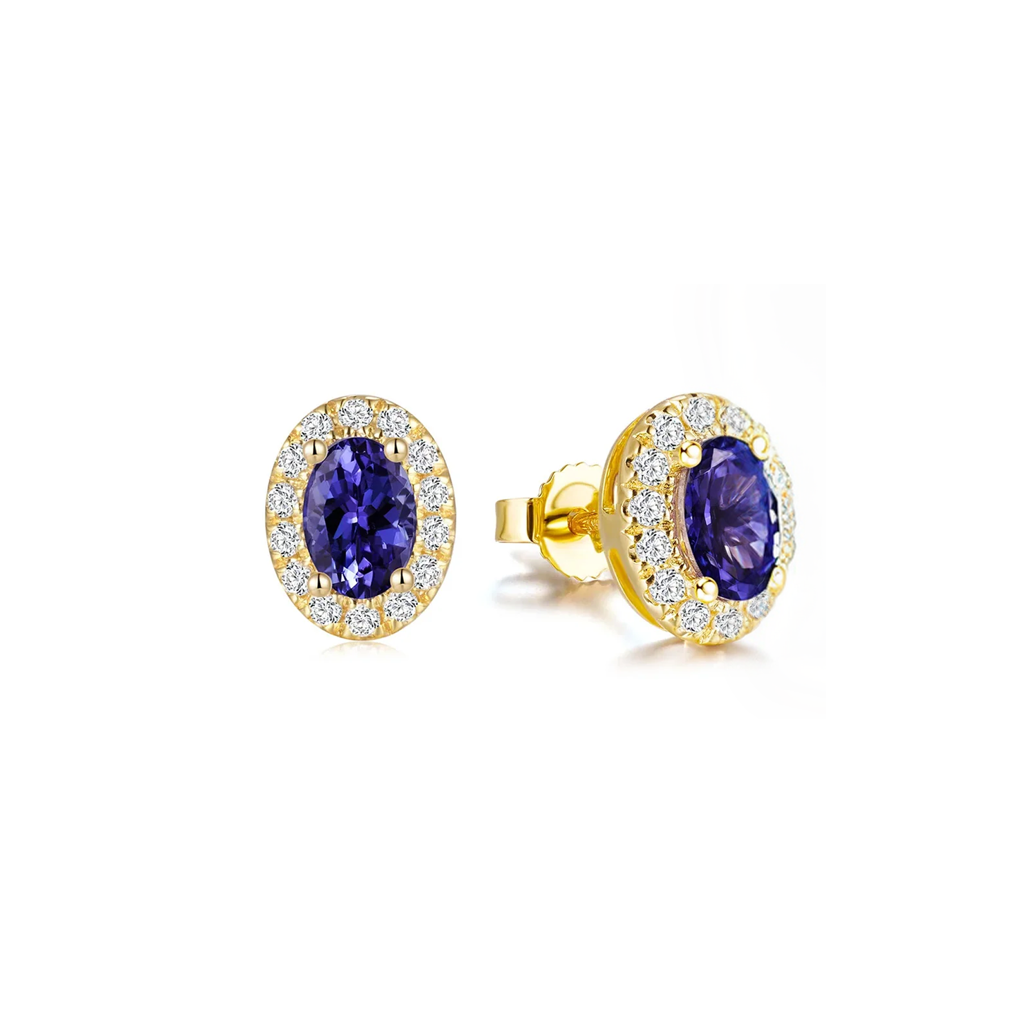 Shimansky 1 TCW Oval Tanzanite Halo Stud Earrings in 14K Yellow Gold 3D View