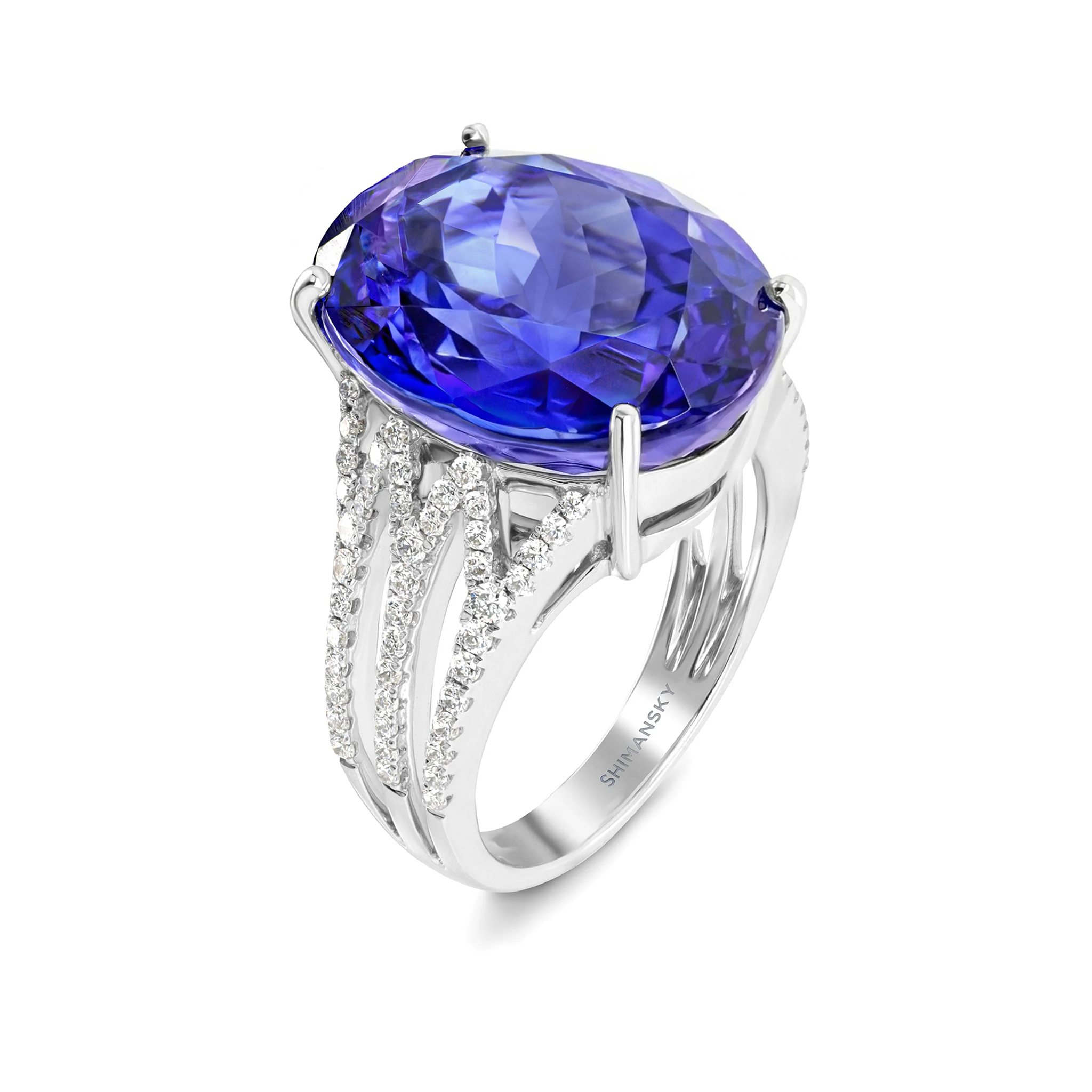 Shimansky 16.75 Carat Oval Tanzanite & Diamond Dress Ring in 18K White Gold - 3D View #card-first