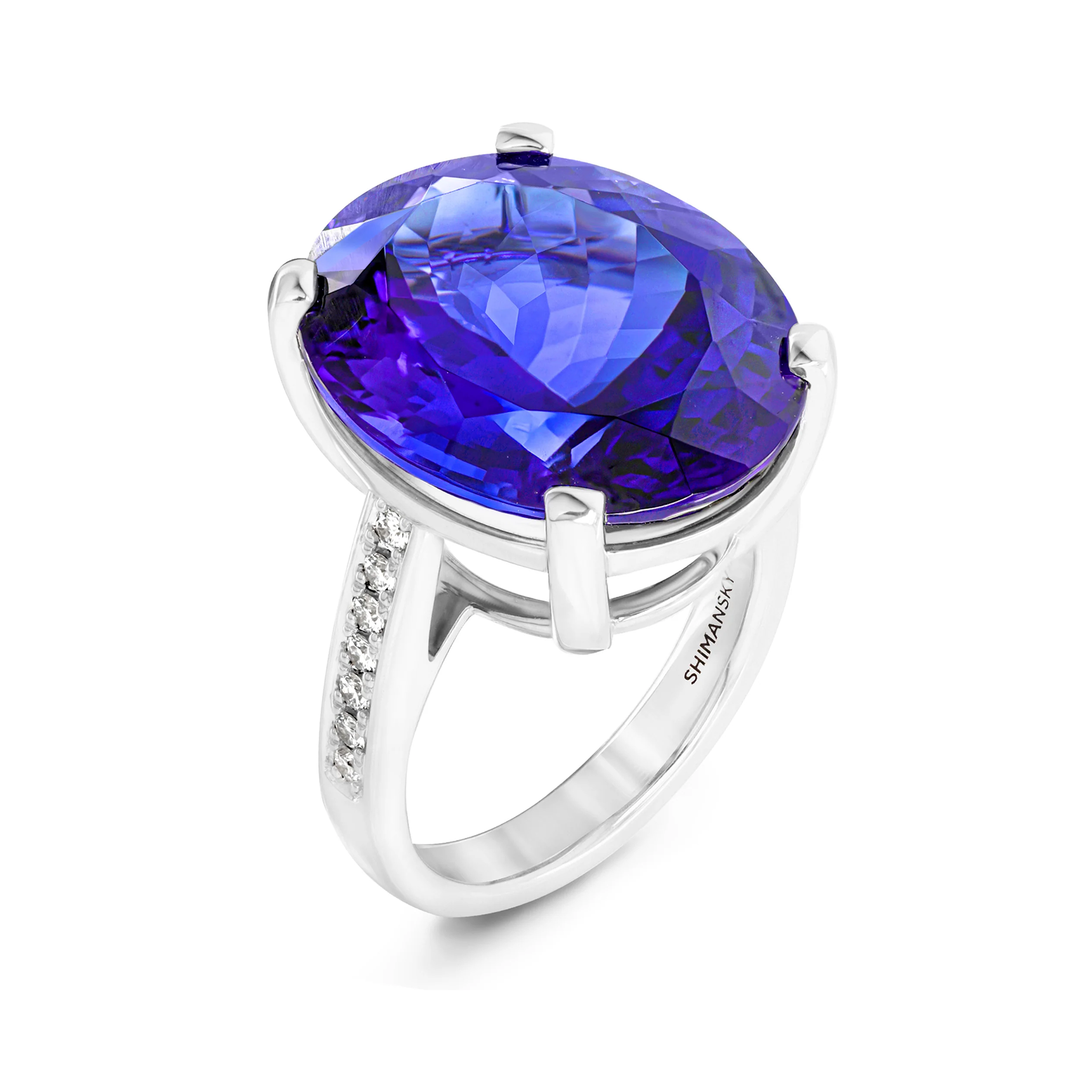 Shimansky 20.3ct Oval Tanzanite & Diamond Dress Ring in 18K White Gold - 3D View #card-first