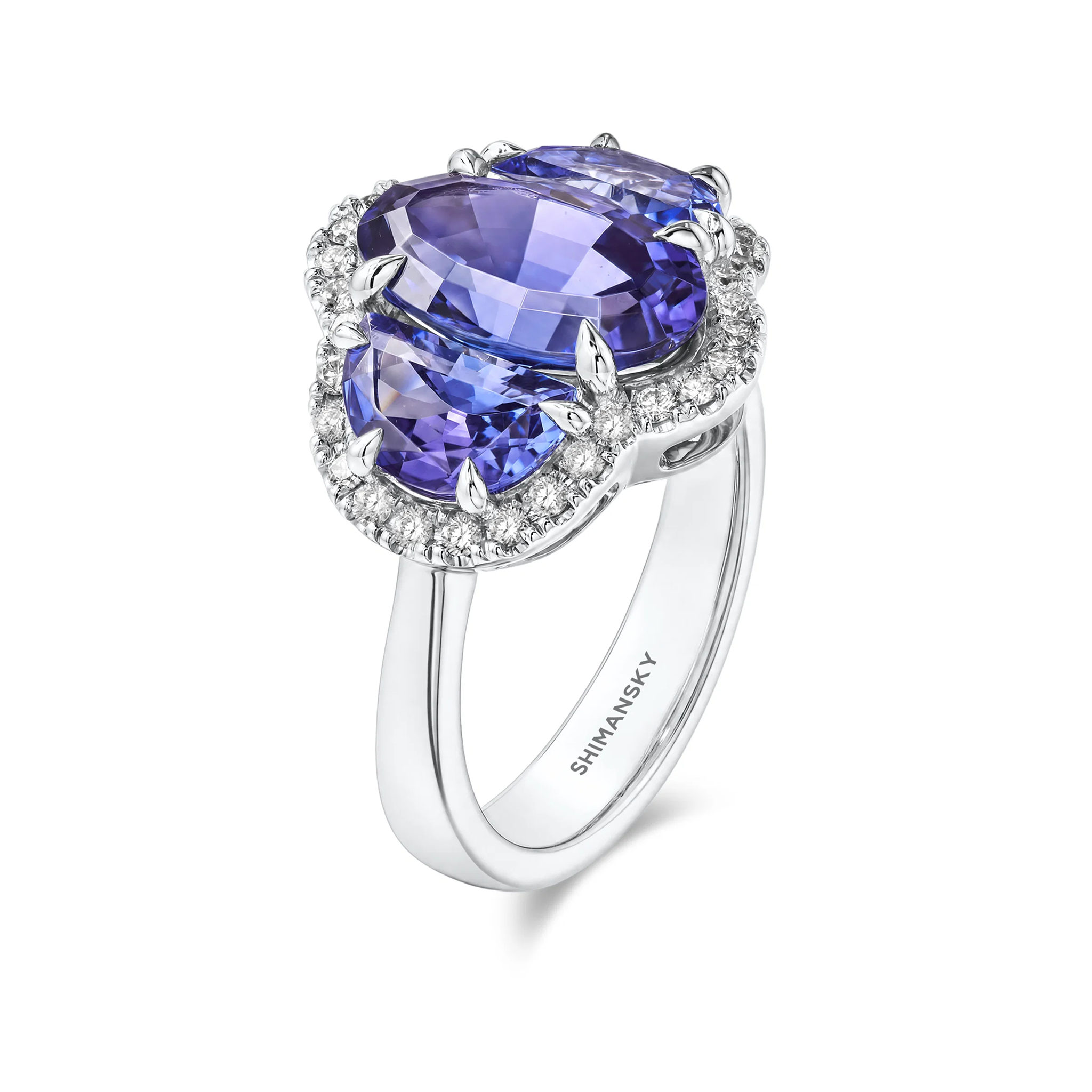 Shimansky 5.1ct Ovella Tanzanite Halo Dress Ring in Platinum - 3D View #card-first