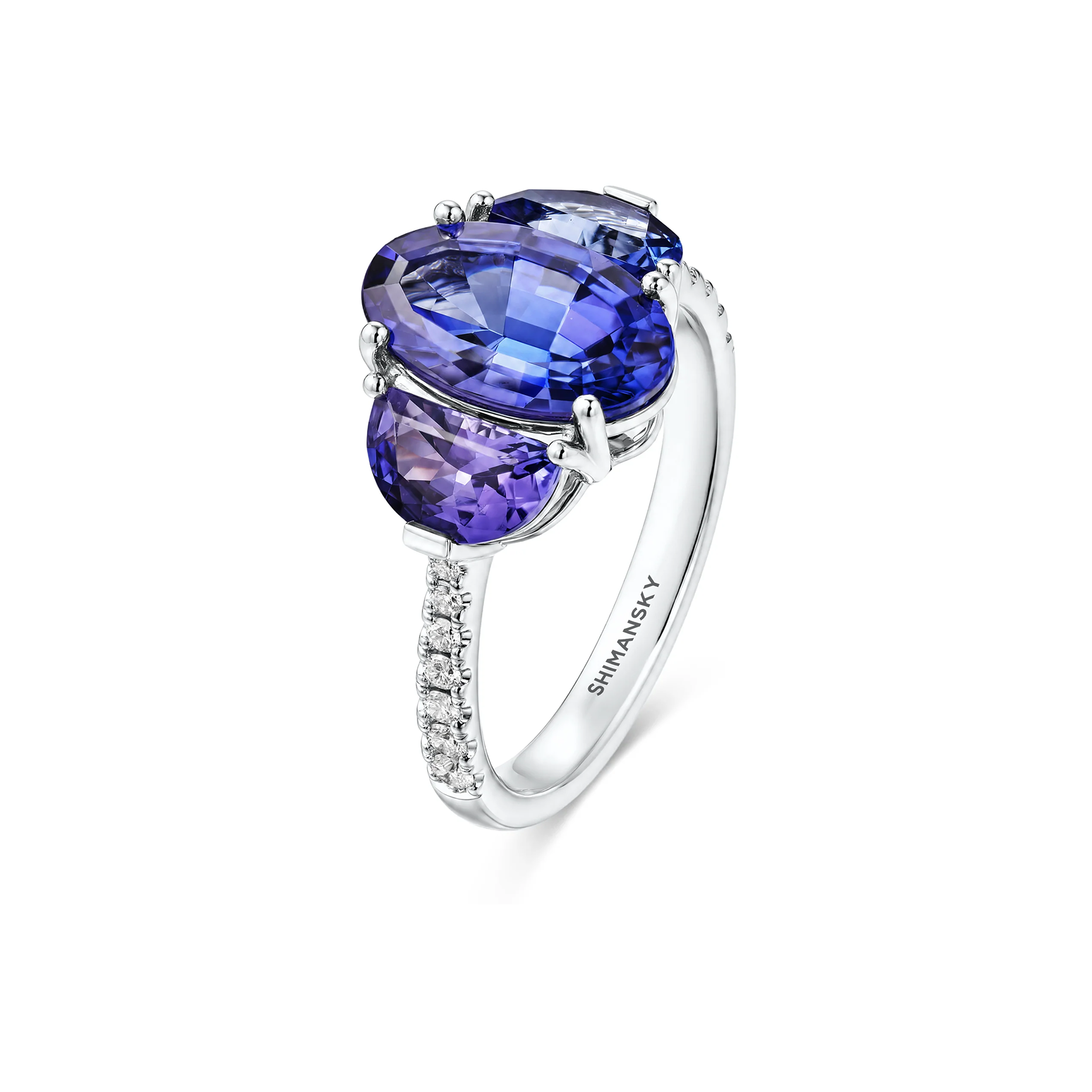 Shimansky 3.8ct Ovella Tanzanite Side Stone Ring in Platinum - 3D View #card-first