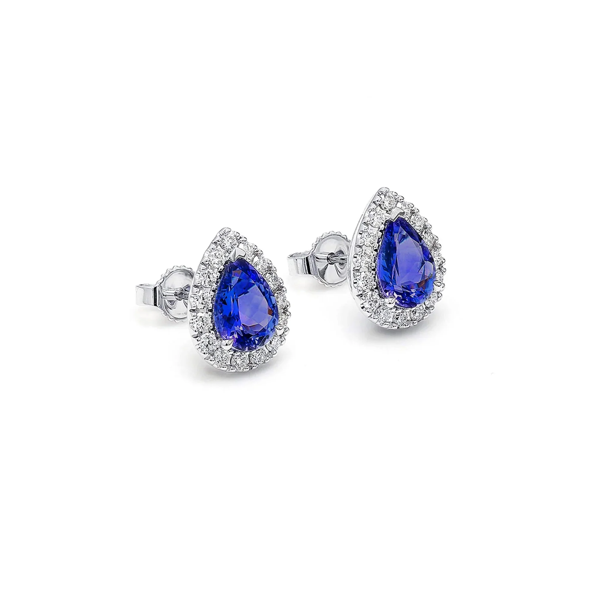 Shimansky 2.1 TCW Pear Tanzanite Halo Stud Earrings in 18K White Gold 3D View