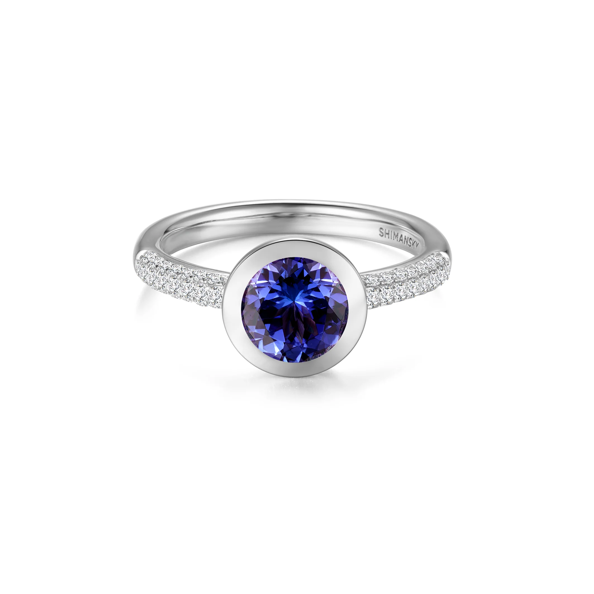 Shimansky 1.5ct Round Tanzanite Bezel set Ring 14K White Gold Front View #Metal_White Gold