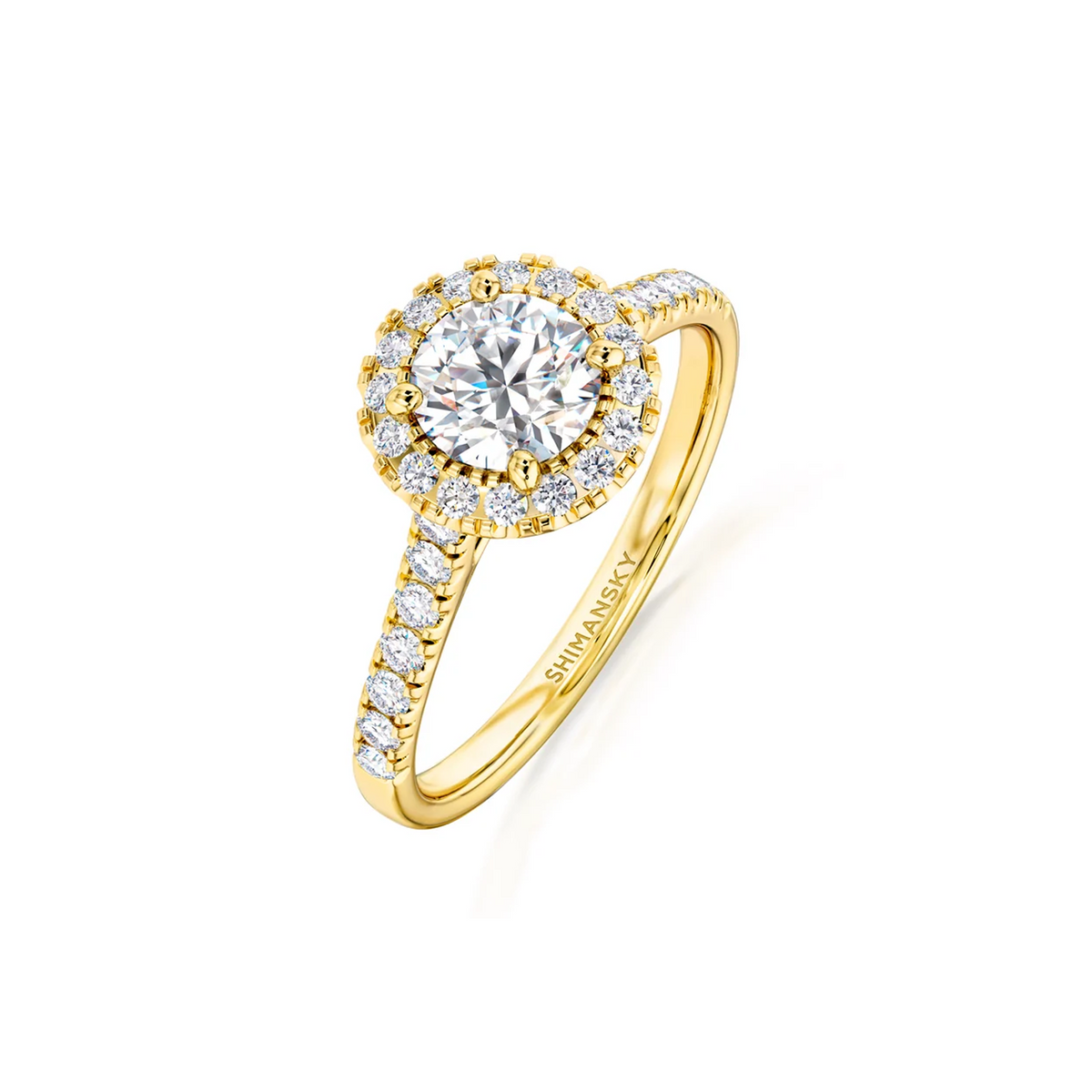 Shimansky Round Diamond Microset Halo Engagement Ring 18K Yellow Gold - 3D View #Metal_Yellow Gold  #Carat Weight_0.7 #card-first
