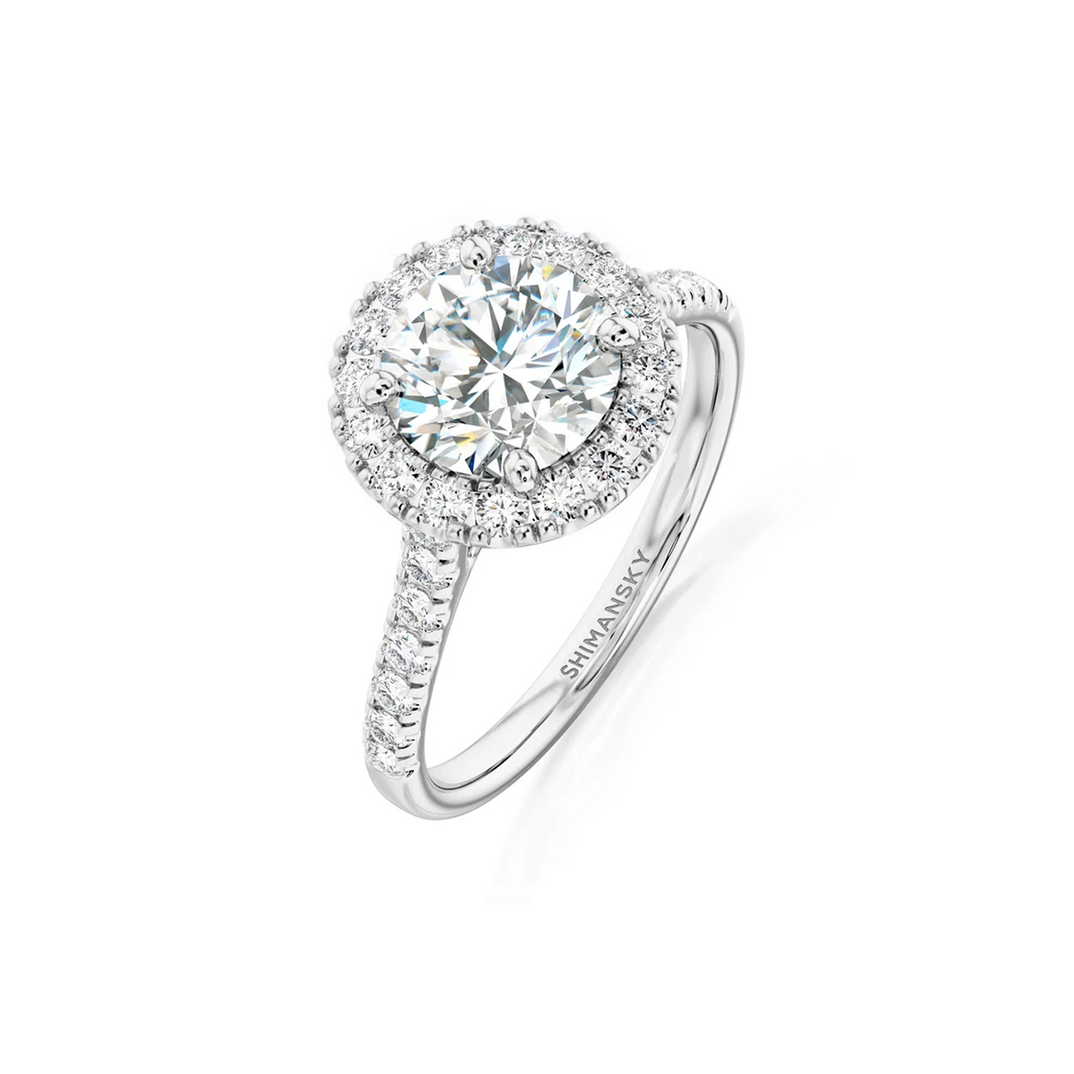 Shimansky Round Diamond Microset Halo Engagement Ring Platinum - 3D View #Metal_Platinum #Carat Weight_1.5 #card-first